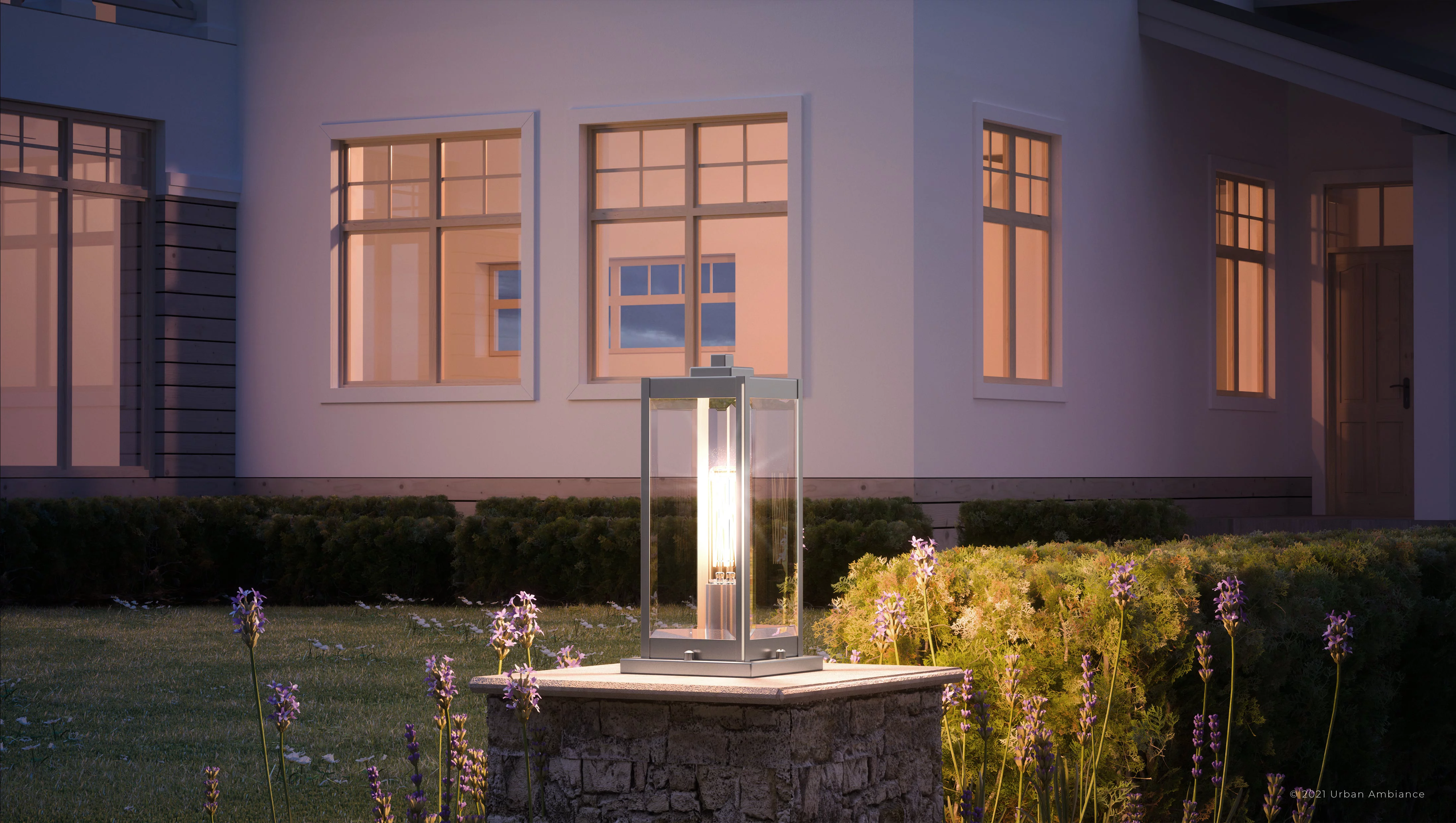 Luxury Modern Farmhouse Outdoor Post Light, 16.00''H x 7.50''W, with Industrial Style Elements, Minimalist Design, Stainless Steel Finish and Clear Beveled Glass, UQL1365