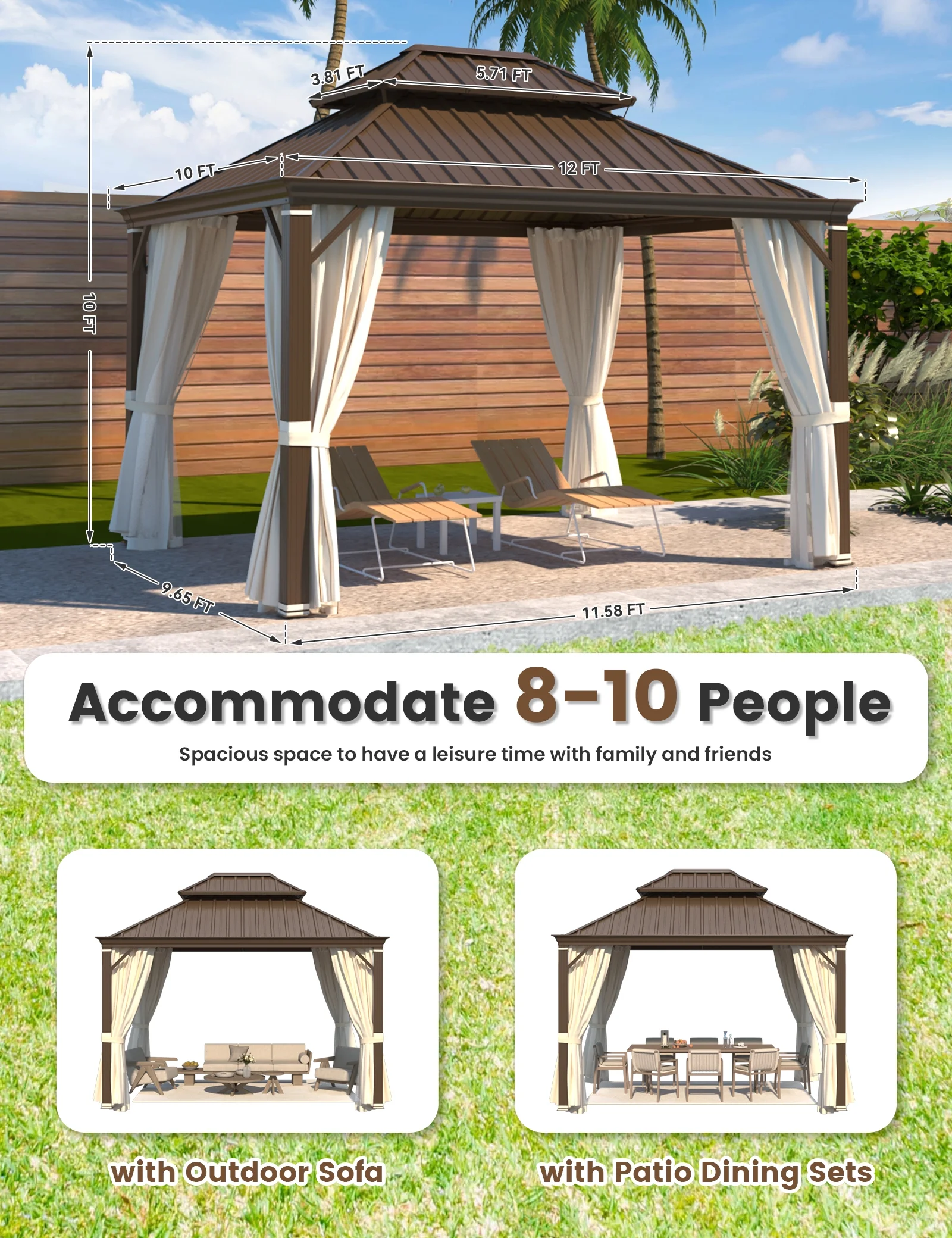 Richryce 10' X 12' Hardtop Gazebo Aluminum Frame Gazebo with Galvanized Steel Double Roof