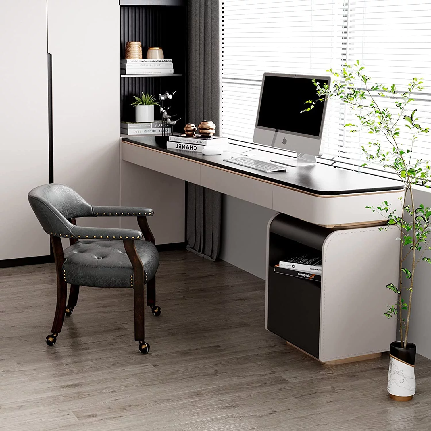 Big Dining Roller Chair with Arms, Solid Wood Office Table Side Chairs with Wheels, Boss Captains Rolling Chair, 26“Dx25.2 Wx31.5“H, Espresso&Grey Fabric, 318GY