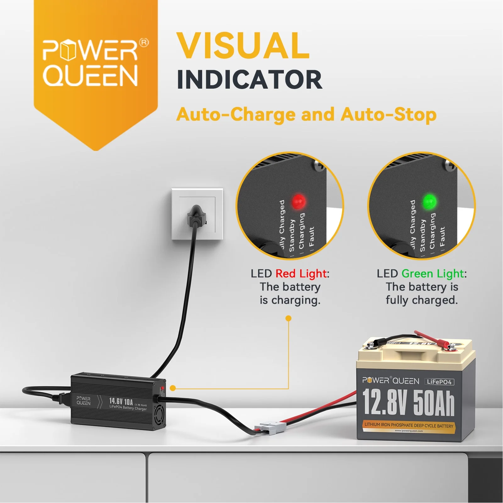 Power Queen 12V 50Ah Deep Cycle LiFePO4 Lithium Battery with 14.6V 10A Charger for RV, Camper, Trailer