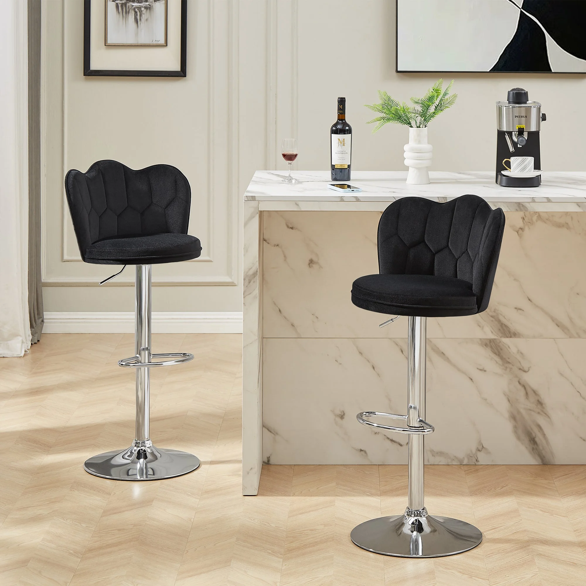 VECELO Bar Stools Set of 4, Modern Velvet Adjustable Barstools with Petal Backs and Footrest, Counter Height Swivel Stool Chairs for Home Bar/Kitchen/Dining Bar, Black