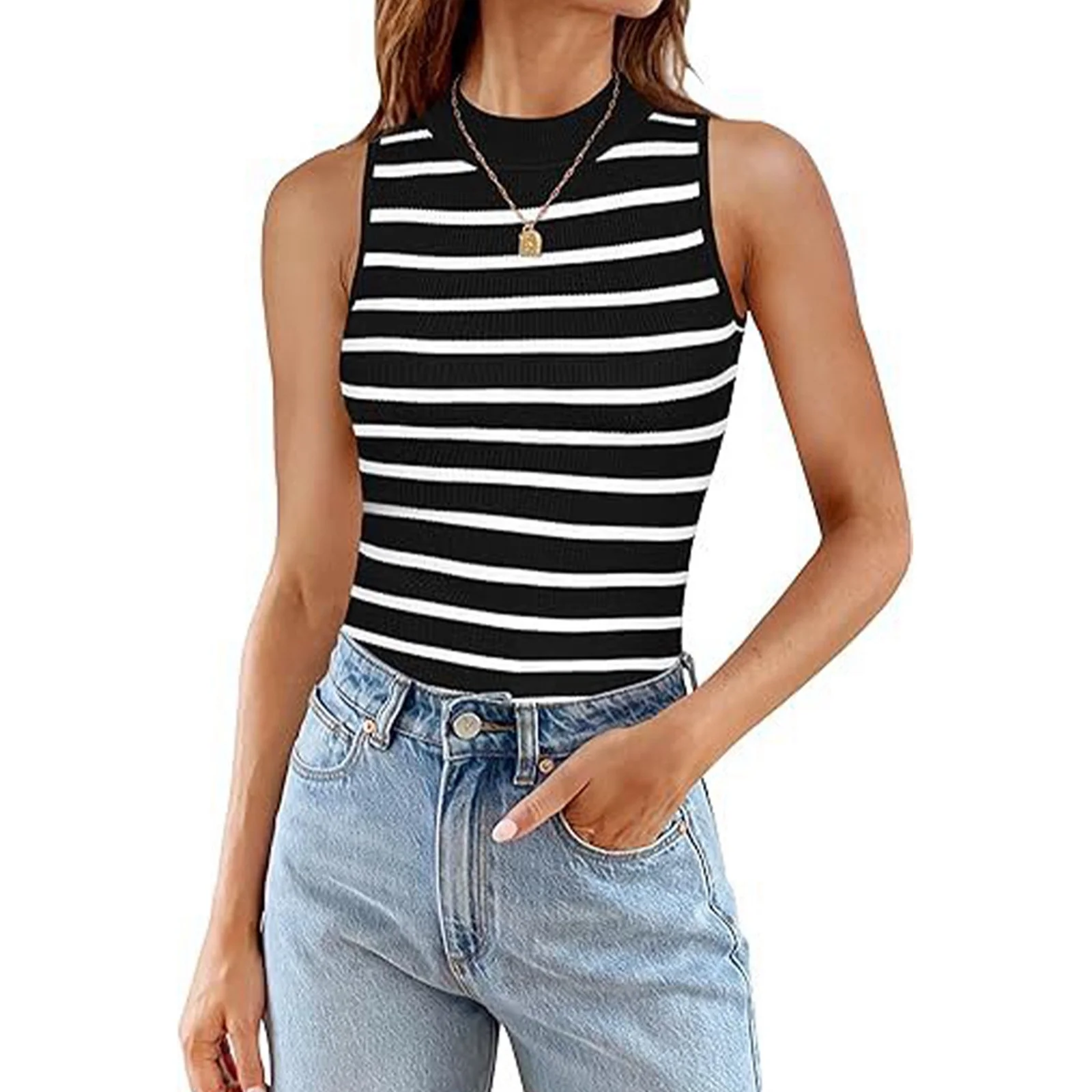 Womens Tank Tops Summer Sleeveless Loose Adjustable Tops for Women Pack Women's Sleeveless Ribbed High Neck Slim Fit Striped Tank