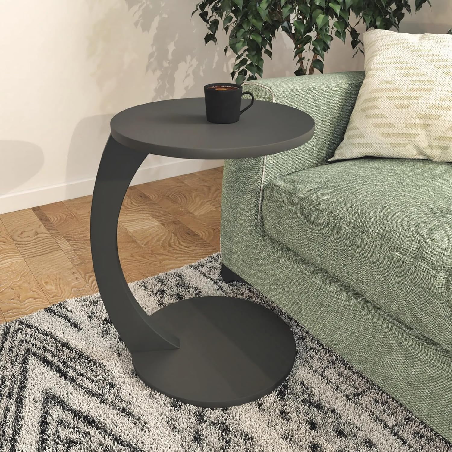 C-Shaped End Table with Rolling Wheels - Easy to Assemble, Grey