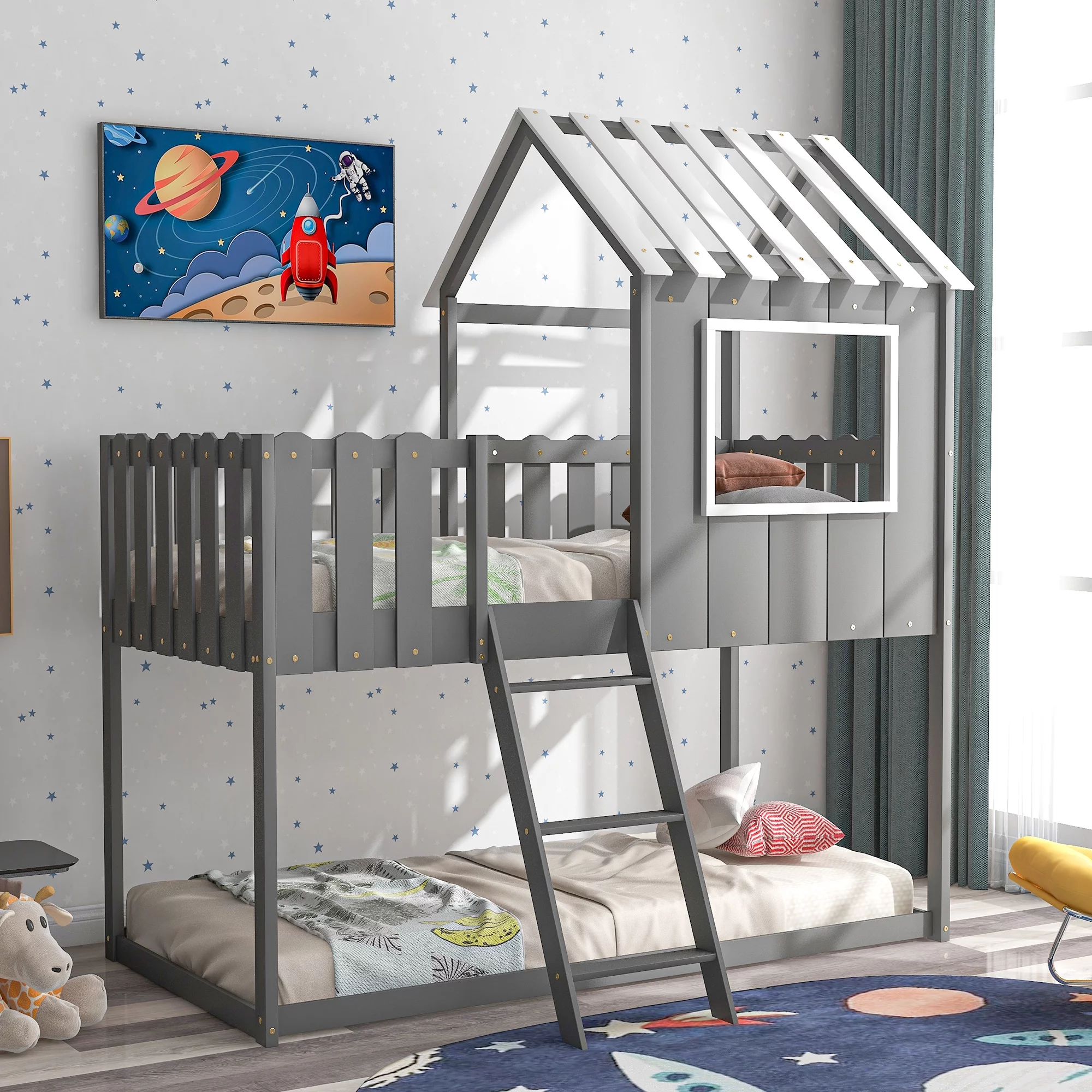 Euroco Twin Size Bunk Bed, House-Shaped for Kids Bedroom, Gray