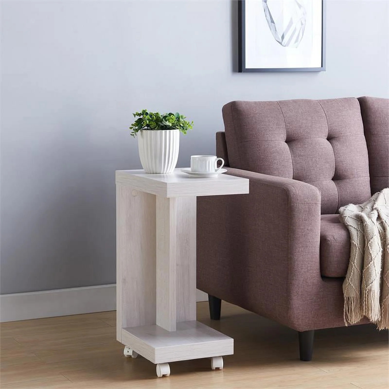 Bowery Hill Modern Wood Mobile End Table in White Oak Finish