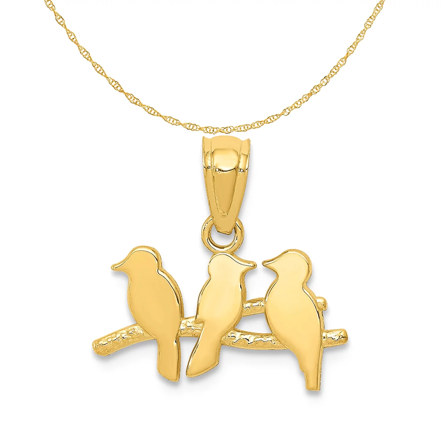Carat in Karats 14K Yellow Gold Polished Three Birds On A Branch Pendant Charm (14mm x 15mm) With 14K Yellow Gold Lightweight Rope Chain Necklace 20''