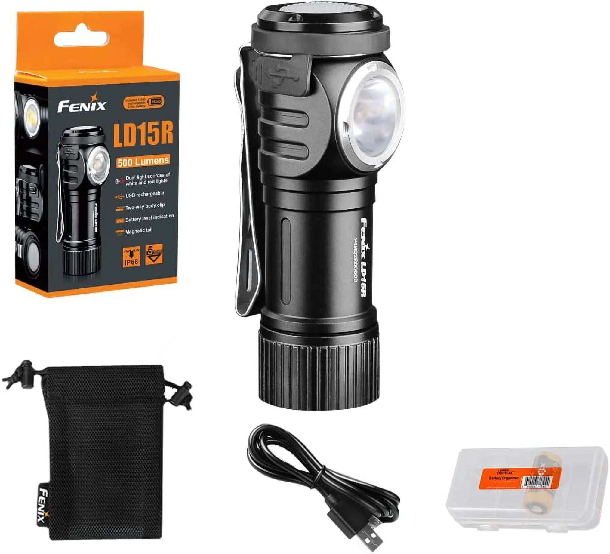 Fenix LD15R Right-Angle Flashlight, 500 Lumen Rechargeable White & Red LEDs Ultra Compact Mini Size, with Clip and LumenTac Organizer
