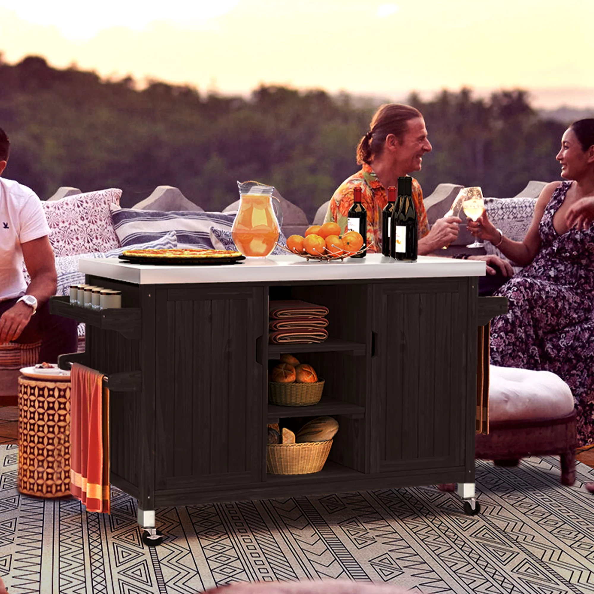 DWVO Outdoor Prep Table Grill Station, Solid Wood Movable Dining Cart Table, Dark Brown