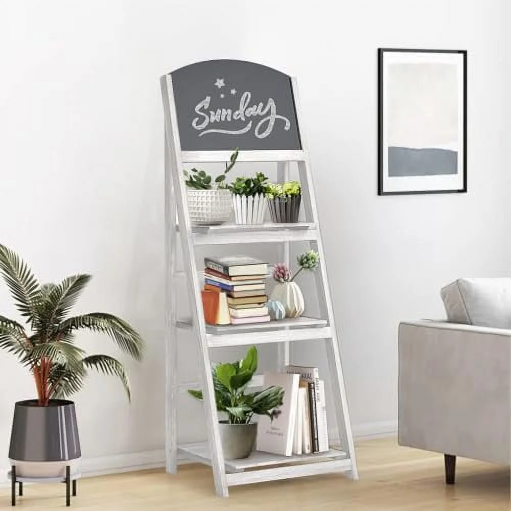 YPDXGH Ladder   4 Tier Ladder Shelves Rustic Solid Wood Ladder  Industrial Leaning Bookshelves 45" Folding Freestanding Plant Stand  Room  Office  Kitchen  Black