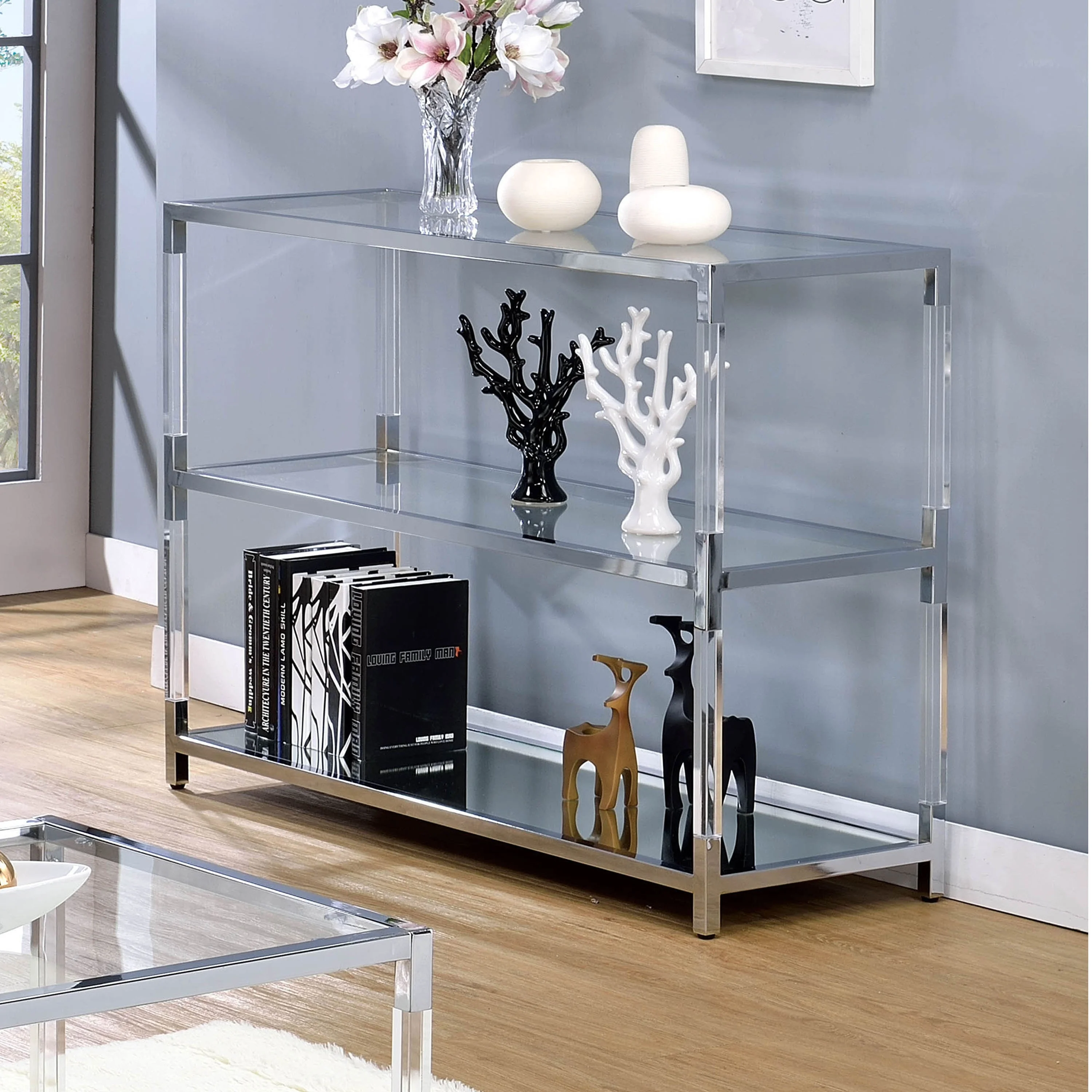 Furniture of America Fald Contemporary Chrome 48-inch Glass 2-Shelf Sofa Table by
