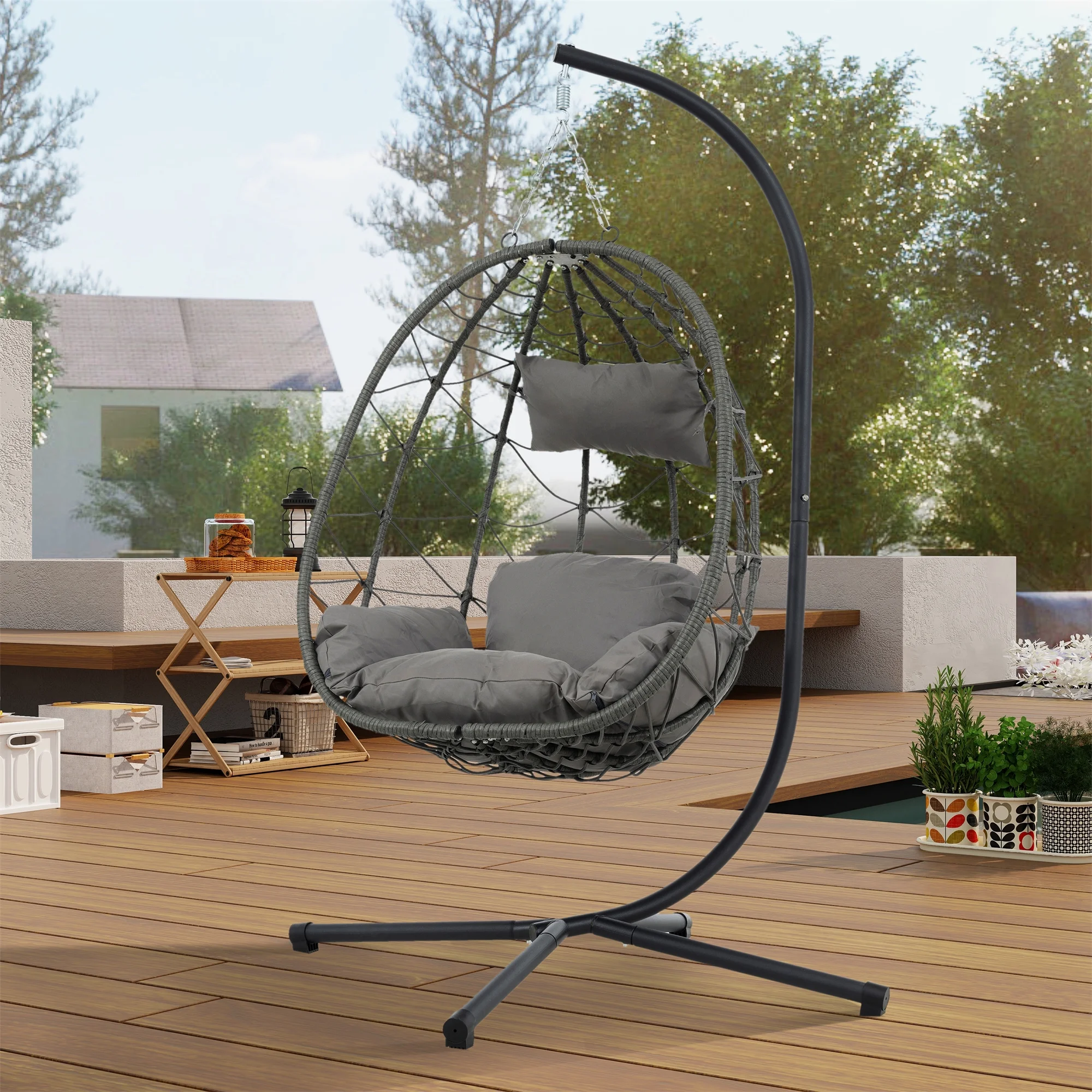 Patio Wicker Hanging Egg Chair with Stand - Brown Wicker, Grey Cushion