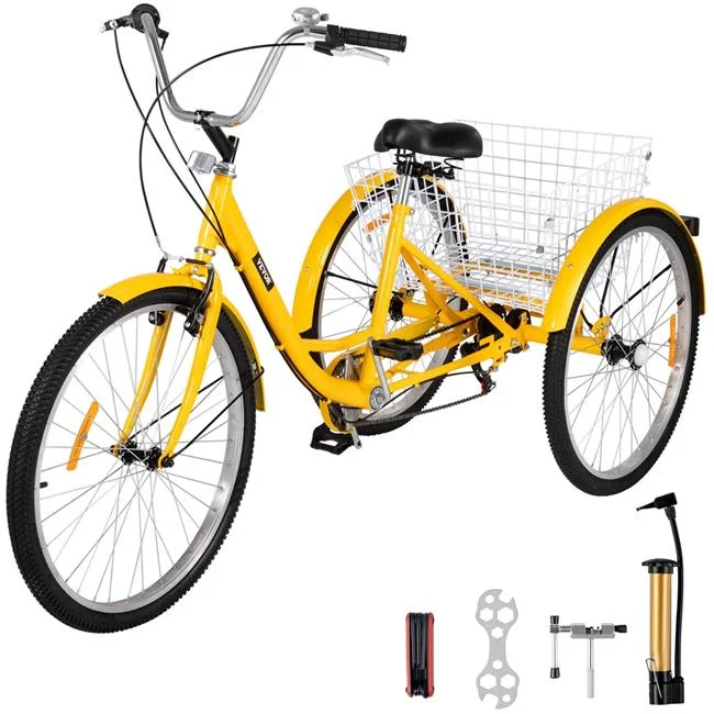 Vevor  7-Speed 3 Wheel Adult Tricycle 24 in. Yellow Trike Bicycle Bike with Large Basket for Riding