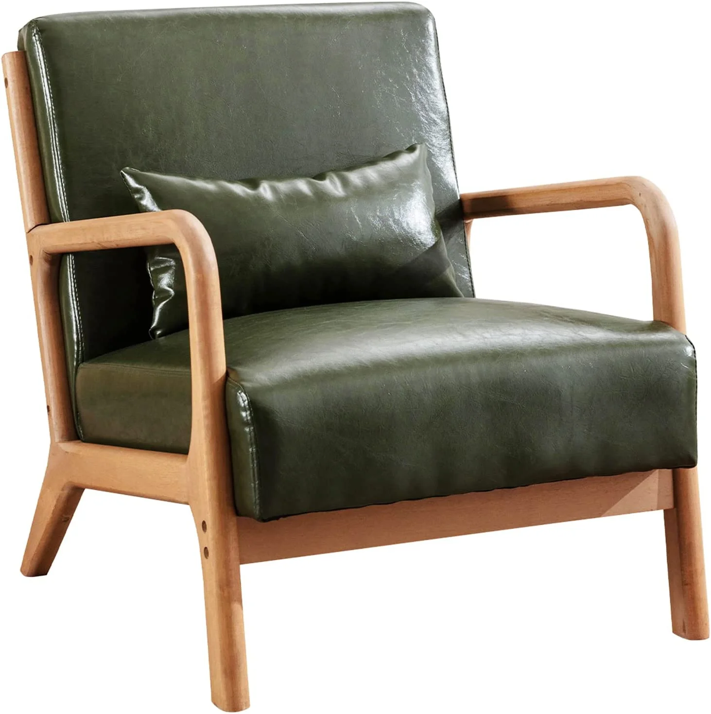 Mid Century Modern Accent Chair with Wood Frame  Upholstered Living Room Chairs with Waist Cushion  Reading Armchair for Bedroom Sunroom (Beige)