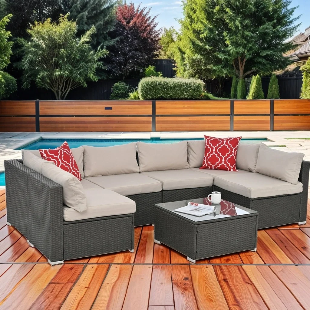 7 Pieces Outdoor Patio Furniture Set, Outdoor Sectional Rattan Sofa, PE Manual Weaving Wicker Patio Conversation Set with Cushion, Glass Table, Pillow, Beige