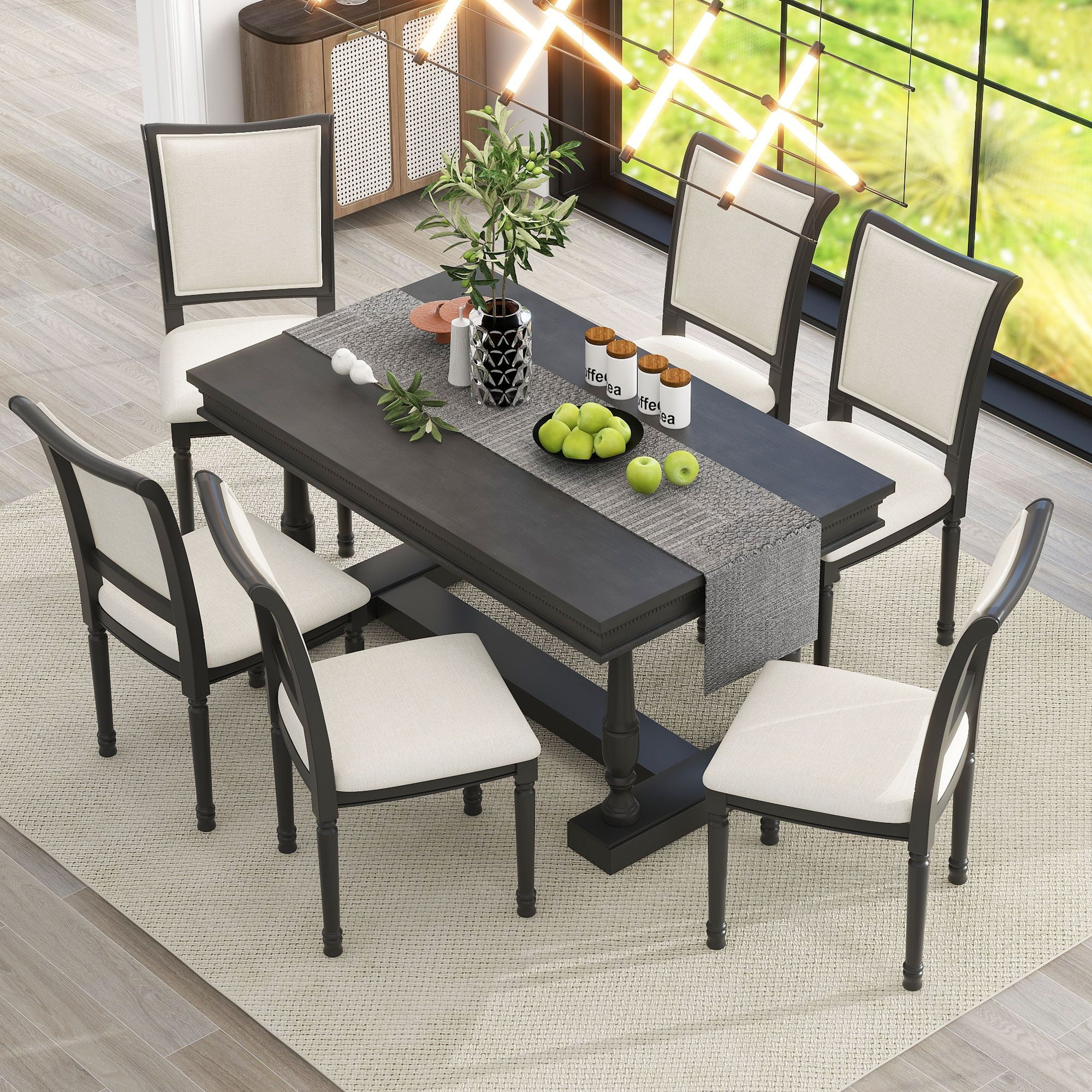 Retro Dining Table Set with 4 Trestle Base and 6 Upholstered Chairs with Slightly Curve and Ergonomic Seat Back, 7 Piece Dining Room Table Set, Wooden Table & Upholstered Chair(Black)