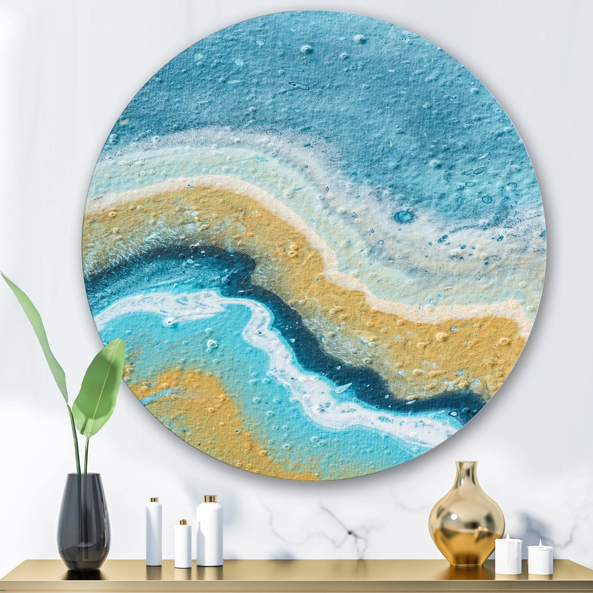 Designart 'Abstract Composition In Blue and Yellow VI' Modern Circle Metal Wall Art 36x36 - Disc of 36