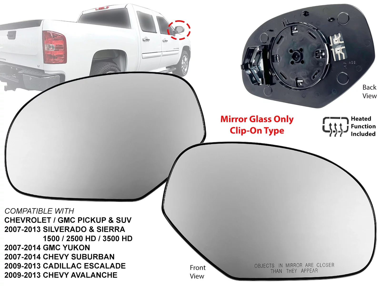 APA Replacement Mirror Glass Power Heated fits 2007 - 2013 SILVERADO TAHOE SUBURBAN AVALANCHE Passenger & Driver Pair GM1325137 GM1324137