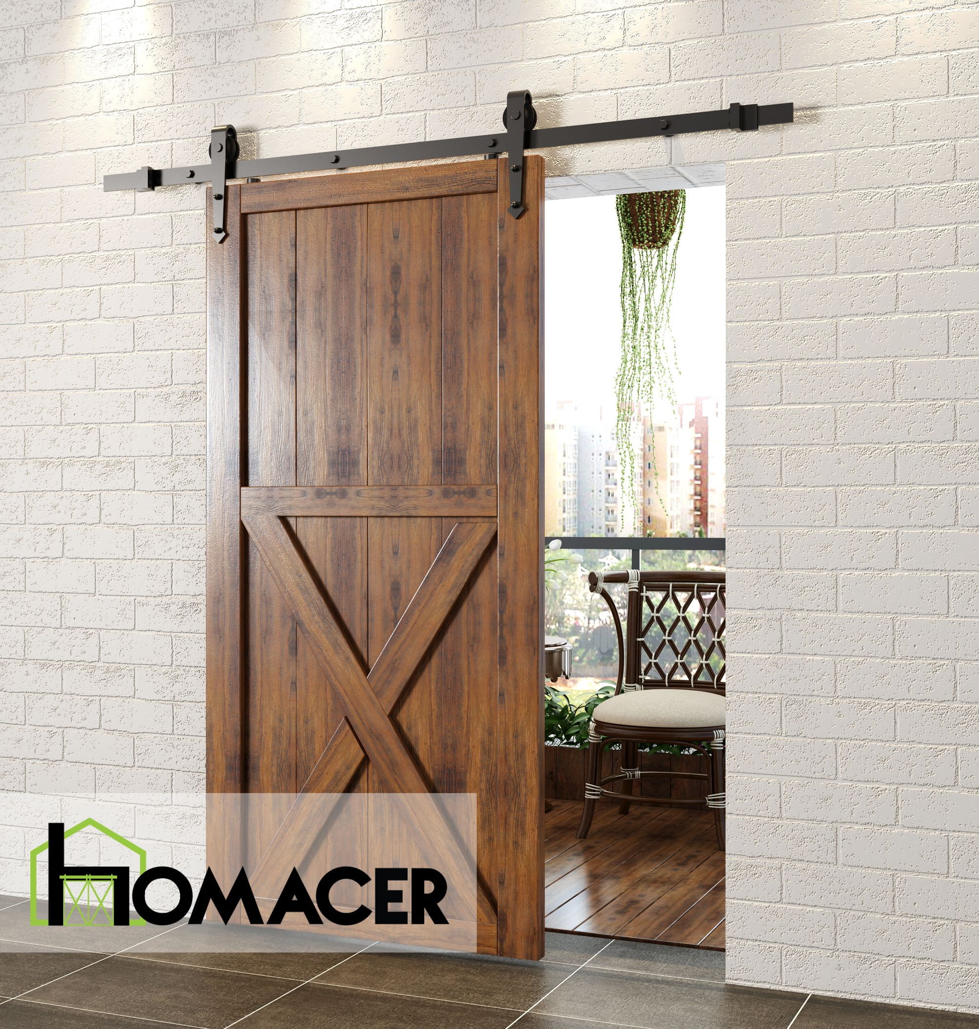 Homacer Black Rustic Sliding Barn Door Hardware Kit, for One/Single Door, 8ft Long Flat Track, Arrow Design Roller, Heavy Duty, for Interior & Exterior Use