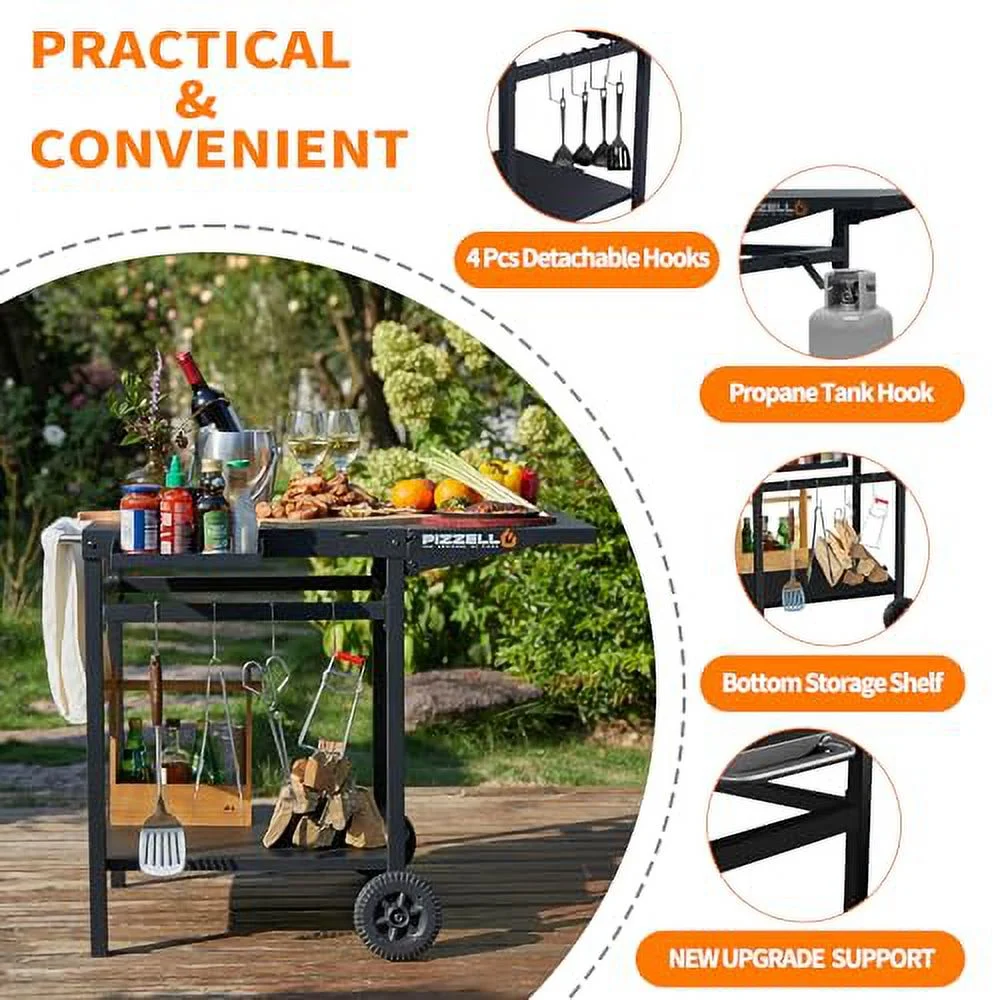 Outdoor Grill Cart Movable Pizza Oven Table Stand Double-Shelf Trolley Dining Cart Foldable Tabletop Food Prep Worktable with 2 Wheels, 4 Hooks