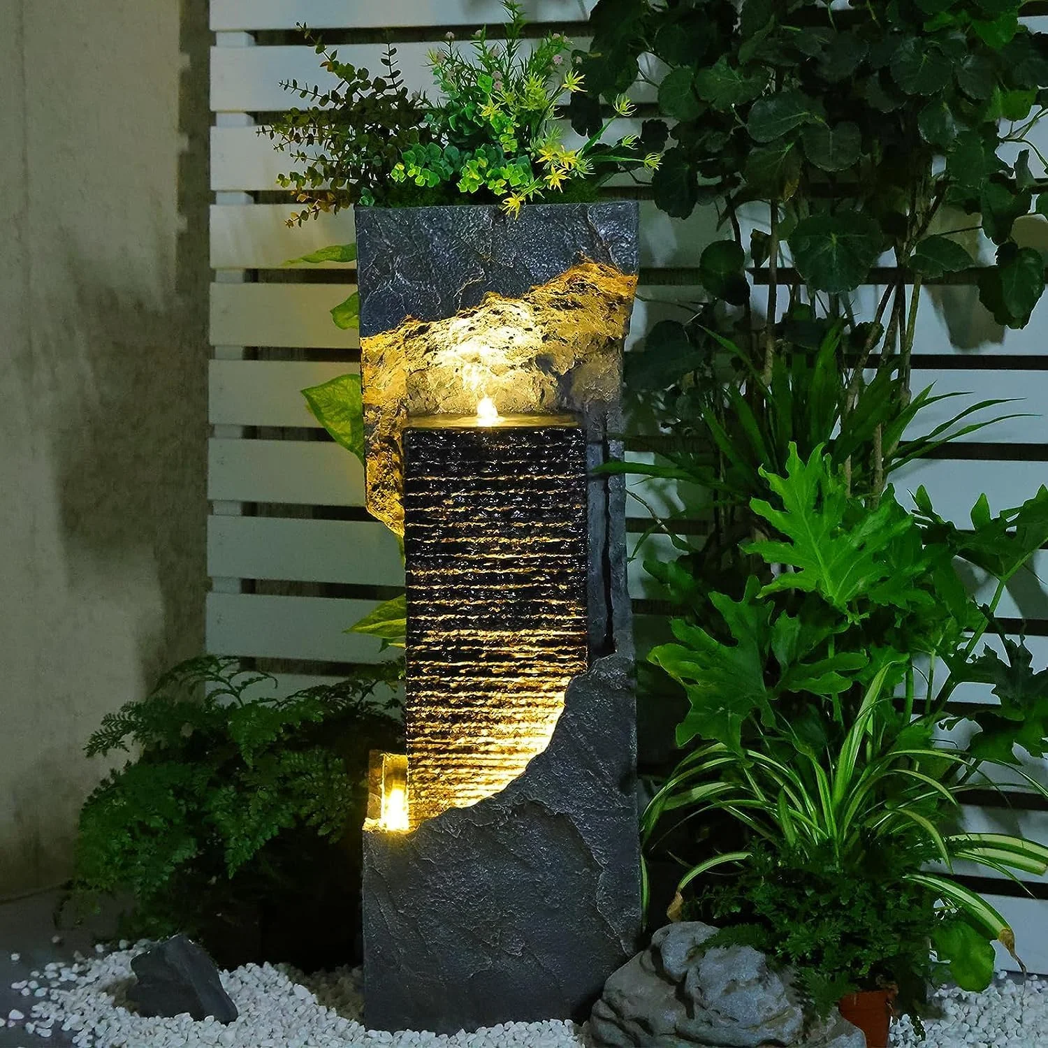 Water Fountain Outdoor Garden 35.4H Waterfall Fountain Outdoor Indoor Modern with Led Lights and Pump for Garden, Patio, Deck, Backyard, Porch and Home Art Decor