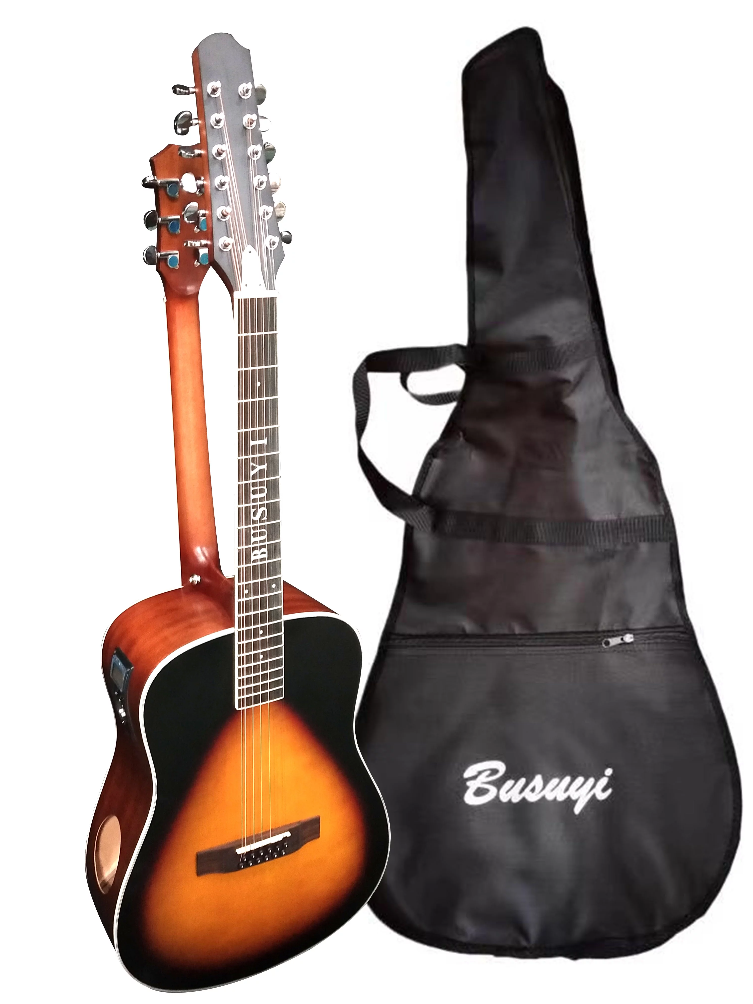 12 String Acoustic / 6 String Acoustic, Double Sided, Travel, Dreadnought , Busuyi Guitar, (Sunset) All Levels
