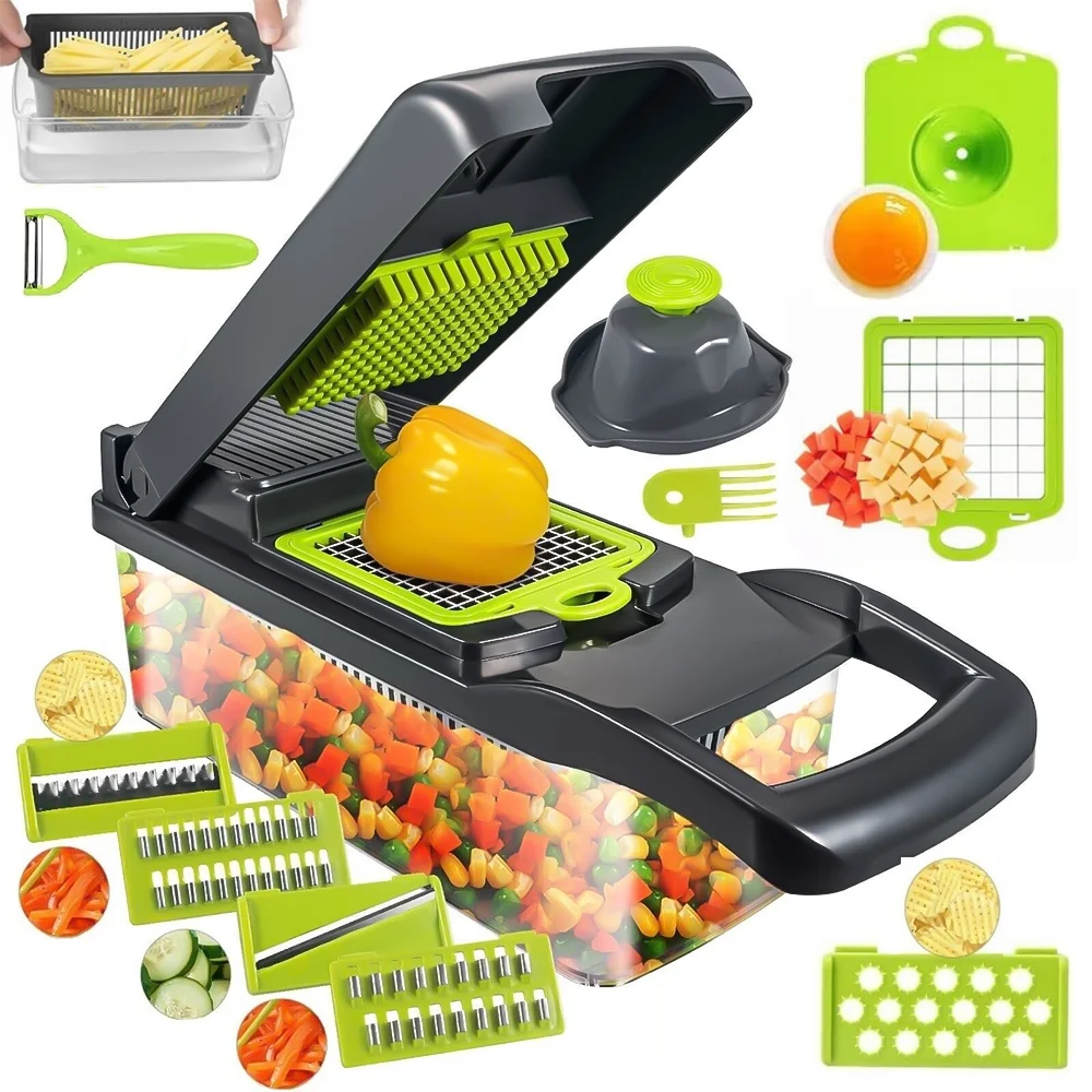Vegetable Chopper,Kepeak Pro Onion Chopper, 14 in 1Multifunctional Food Chopper, Kitchen Vegetable Slicer Dicer Cutter,Veggie Chopper With 6 Blades,Carrot Chopper With Container