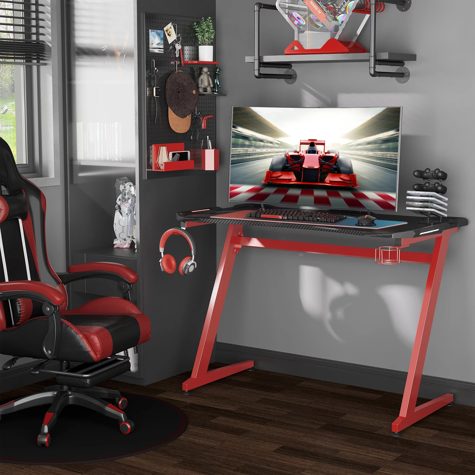 HomCom Home Office Gaming Desk Computer Writing Table with Large Workstation, Cup Holder, Headphone Rack, Gamepad Rack , Black and Red