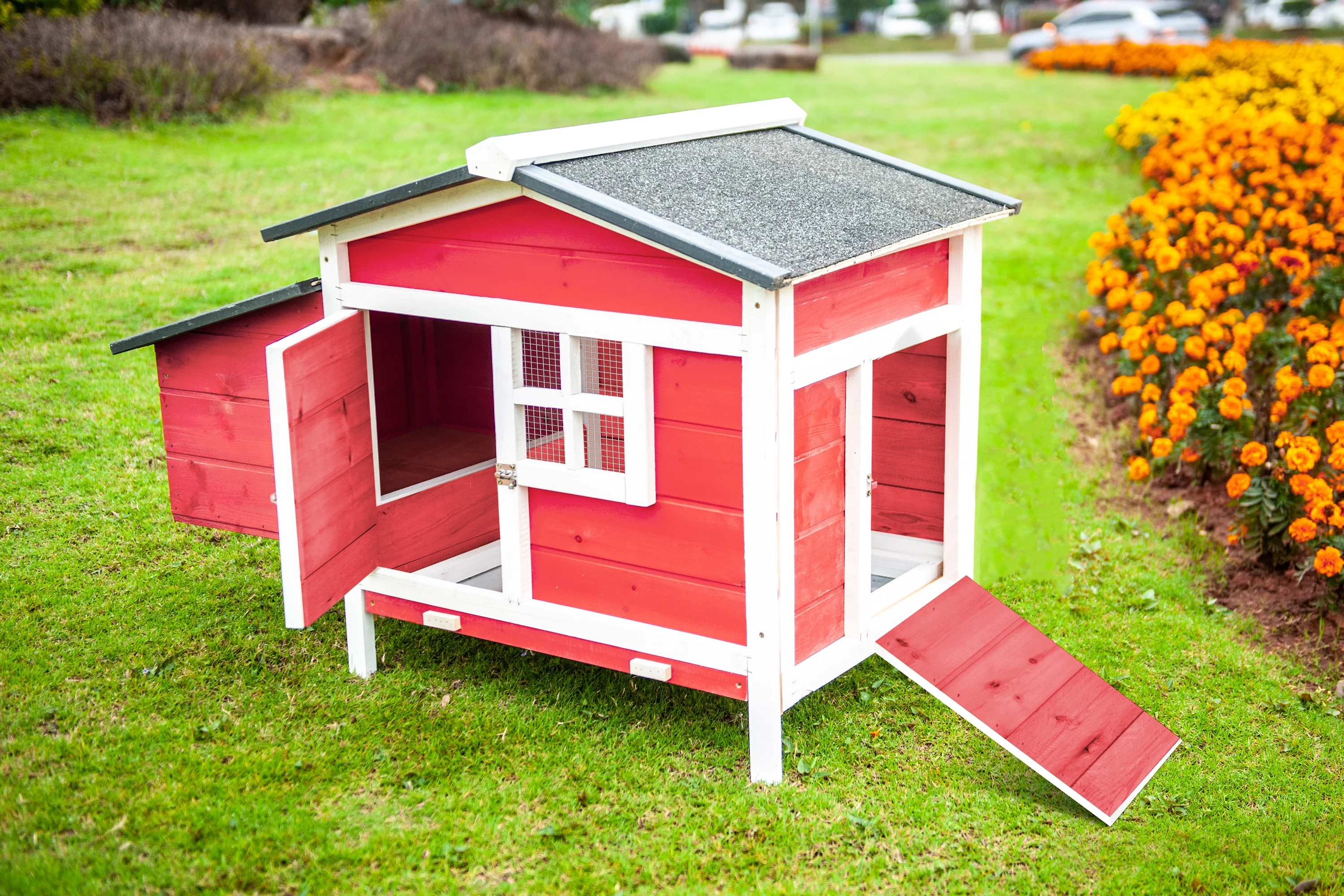Chicken Coop for 2 Chickens Outdoor Wooden Hen House Poultry Pet Hutch with Nest Box & Ramp Red