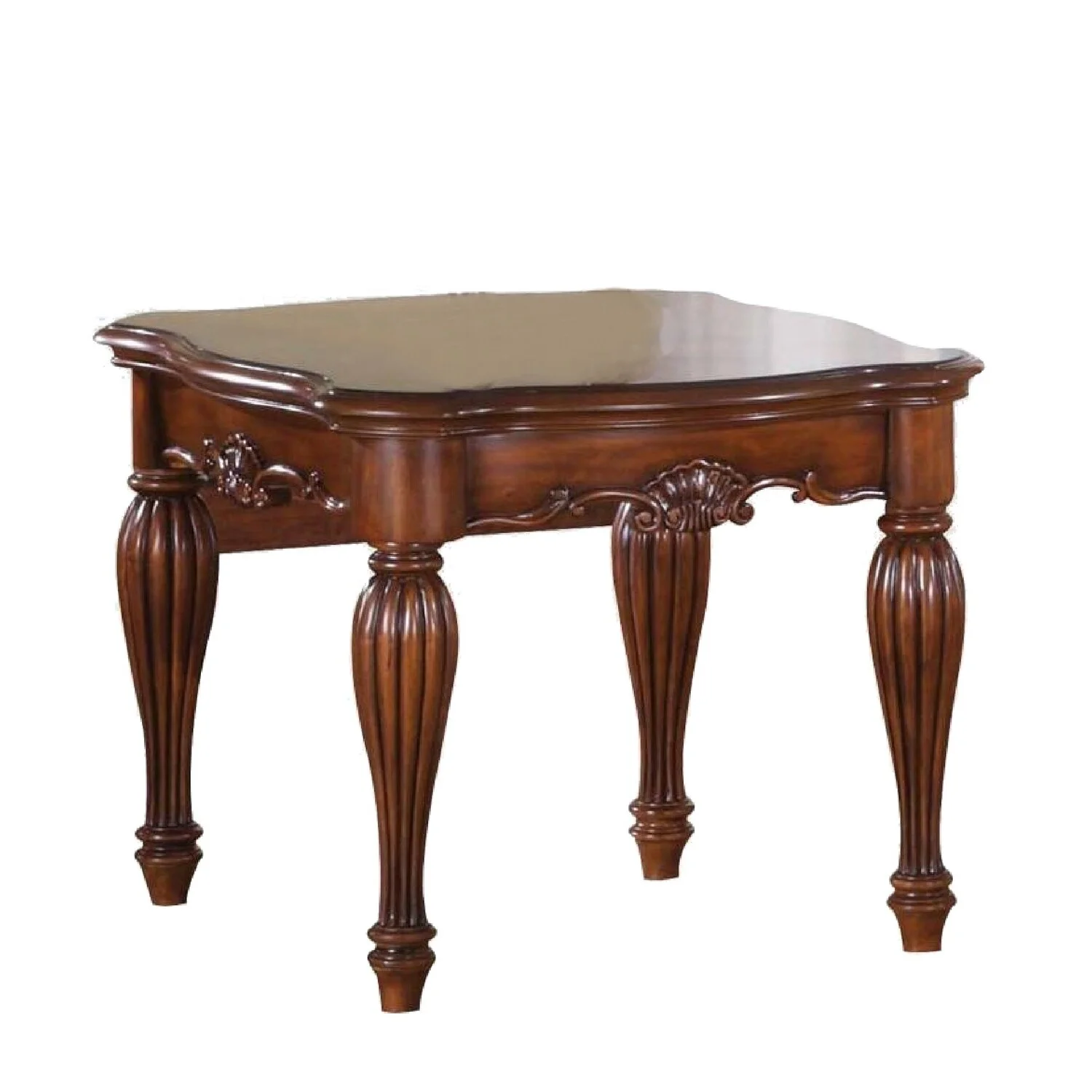 Wooden End Table with Carved Details, Cherry Brown