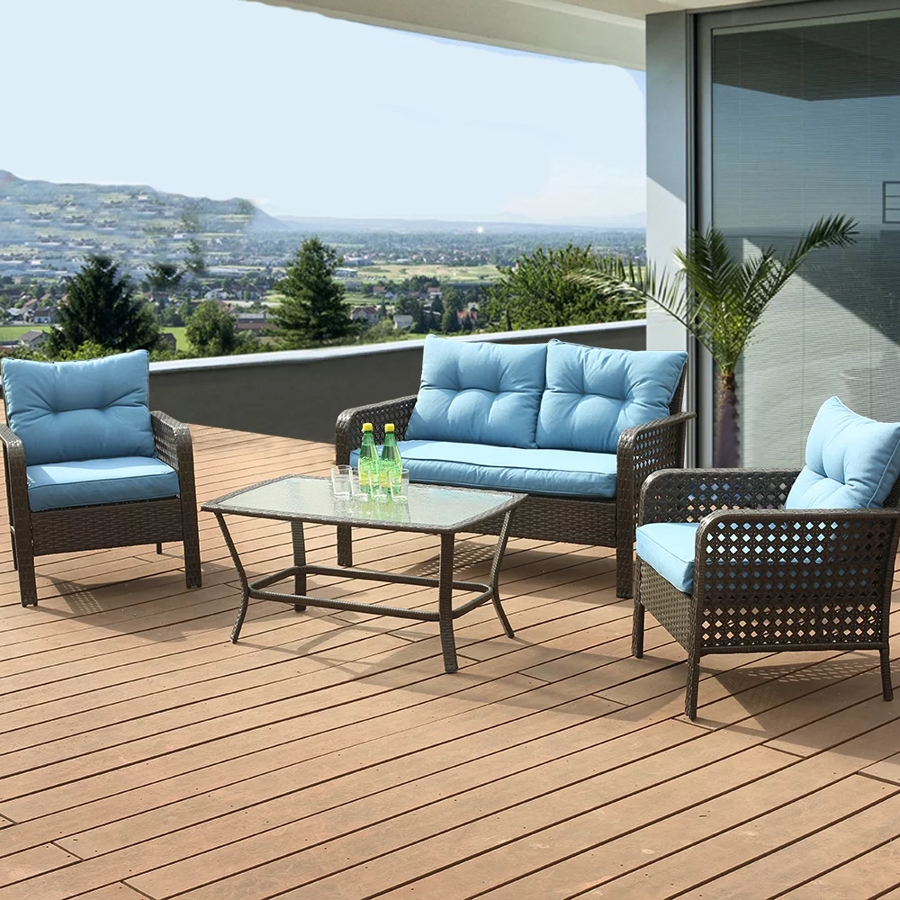 Eclife Metal Patio Furniture Sets Outdoor Furniture, 4 Pieces Patio Conversation Sets with Love-seat, All-Weather Wicker Rattan Sofa Set Coffee Table with Removable Cushion in Blue