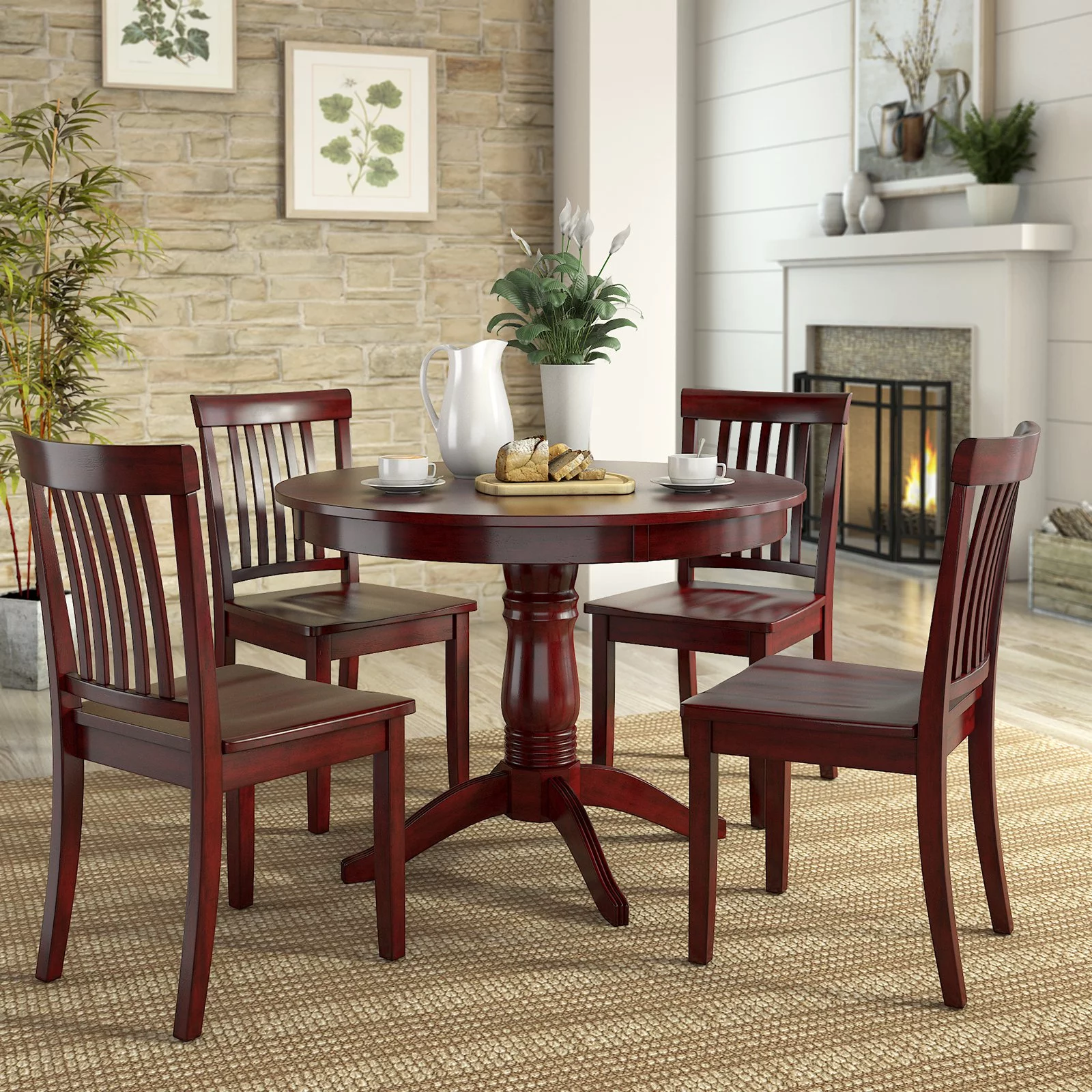 Lexington 5-Piece Wood Dining Set, Round Table and 4 Mission Back Chairs, Berry Red