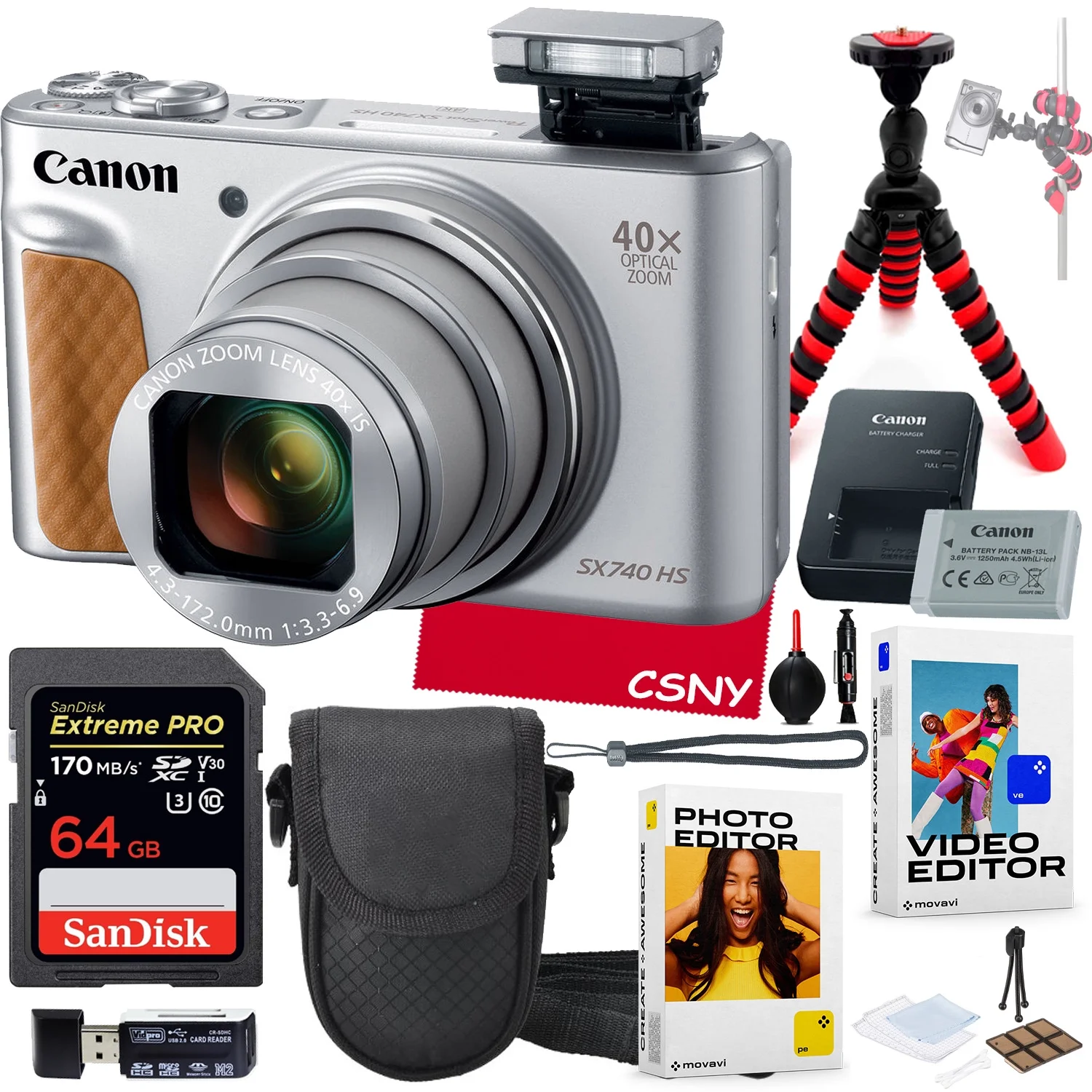 Canon PowerShot SX740 HS Digital Camera (Silver) Bundle + Accessory Kit Including Camera Pouch, 64GB Extreme Memory, Photo & Video Editing Software Package & More (18 Pc Bundle)