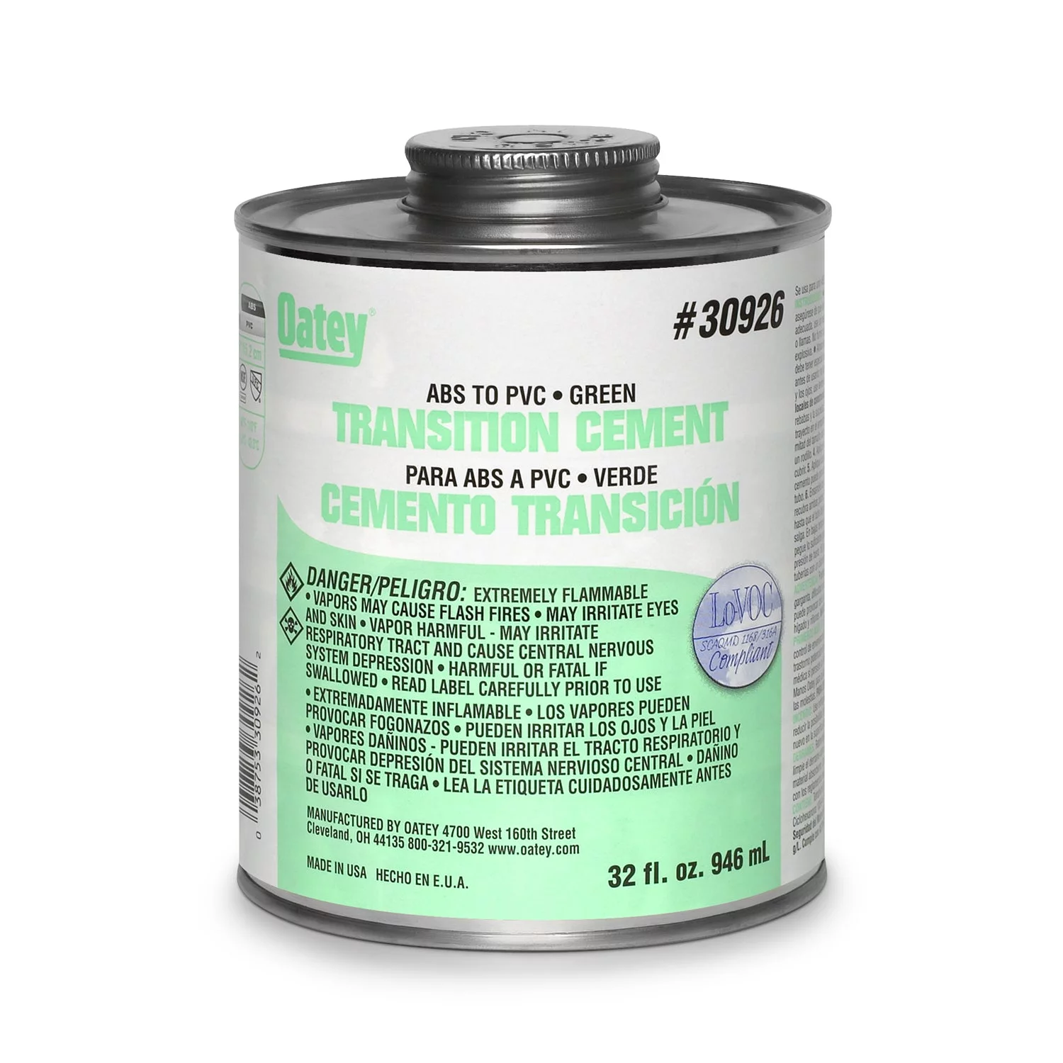 Oatey 30926 ABS To PVC Transition Solvent Cement, 32 Oz, Green, Each