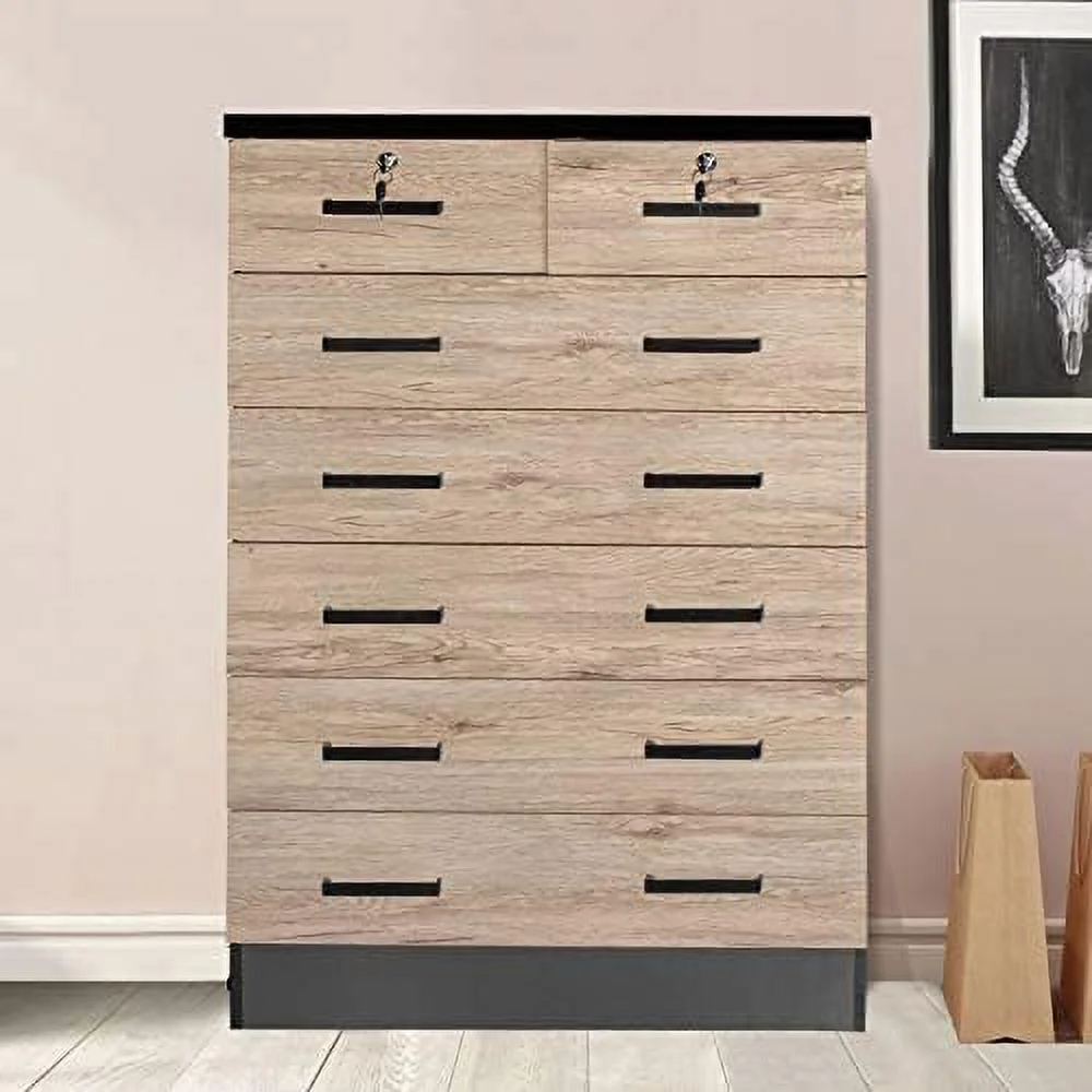 HOOMHIBIU Cindy 7 Drawer Chest Wooden Dresser with Lock in Black