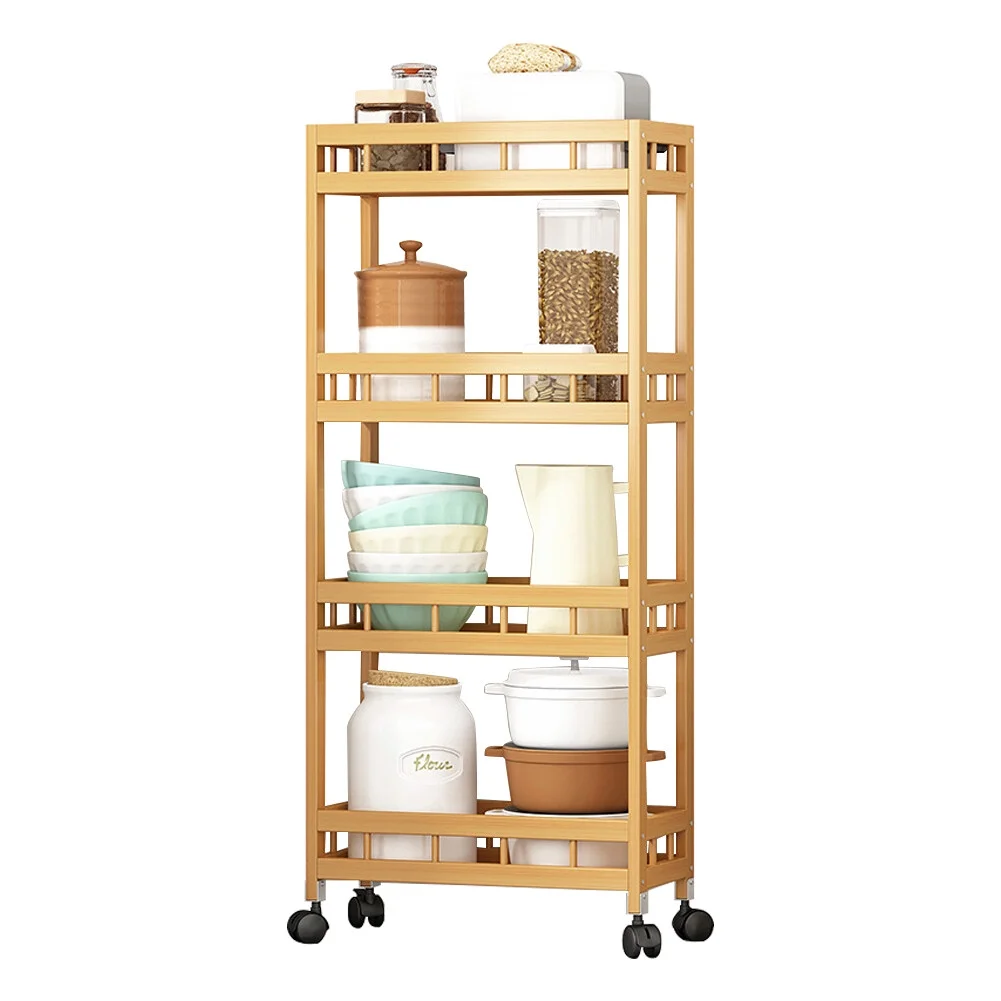 4-Tier Slim Storage Cart of High Mountain Solid Bamboo Kitchen Organizer Slide-Out Mobile Storage Cart Rolling Pantry Shelf Kitchen Shelving Unit Utility Cart