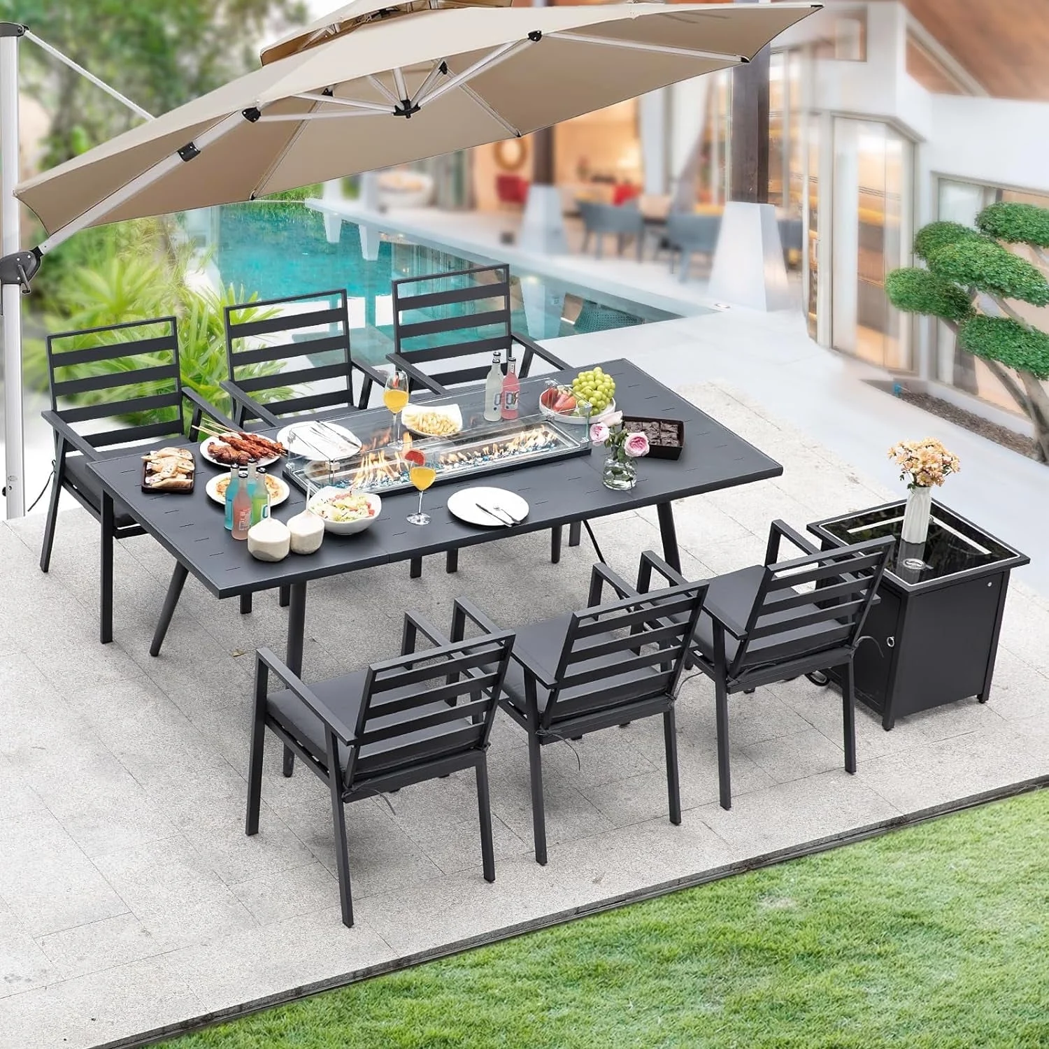 NICESOUL 8 Piece Aluminum Outdoor Patio Dining Furniture Set with Fire Pit, 6-seat Outdoor Patio Table and Chairs Dining Set with Soft Cushions for Yard Garden Porch and Deck