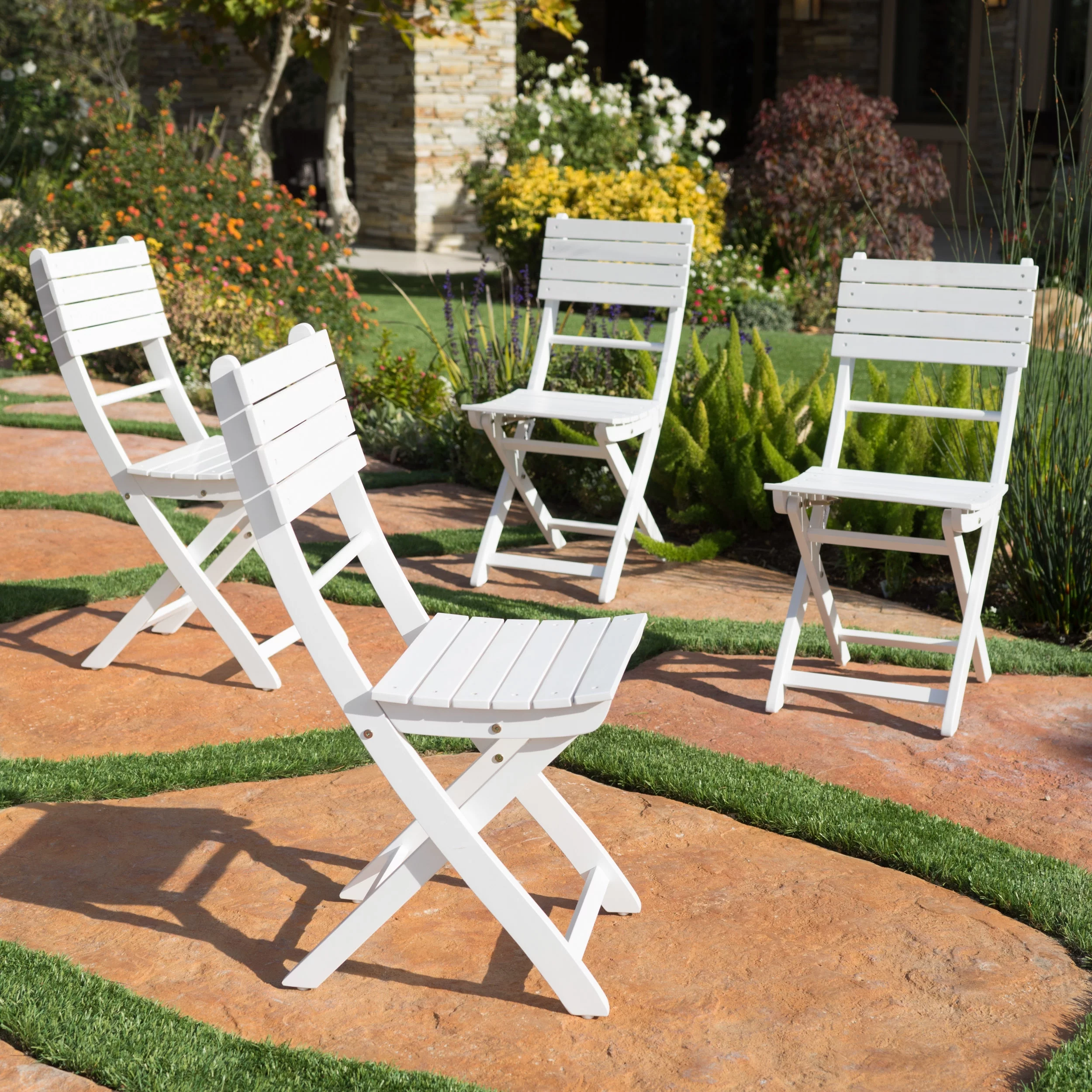 Bristle Outdoor Acacia Wood Foldable Dining Chairs, Set of 4, White Finish