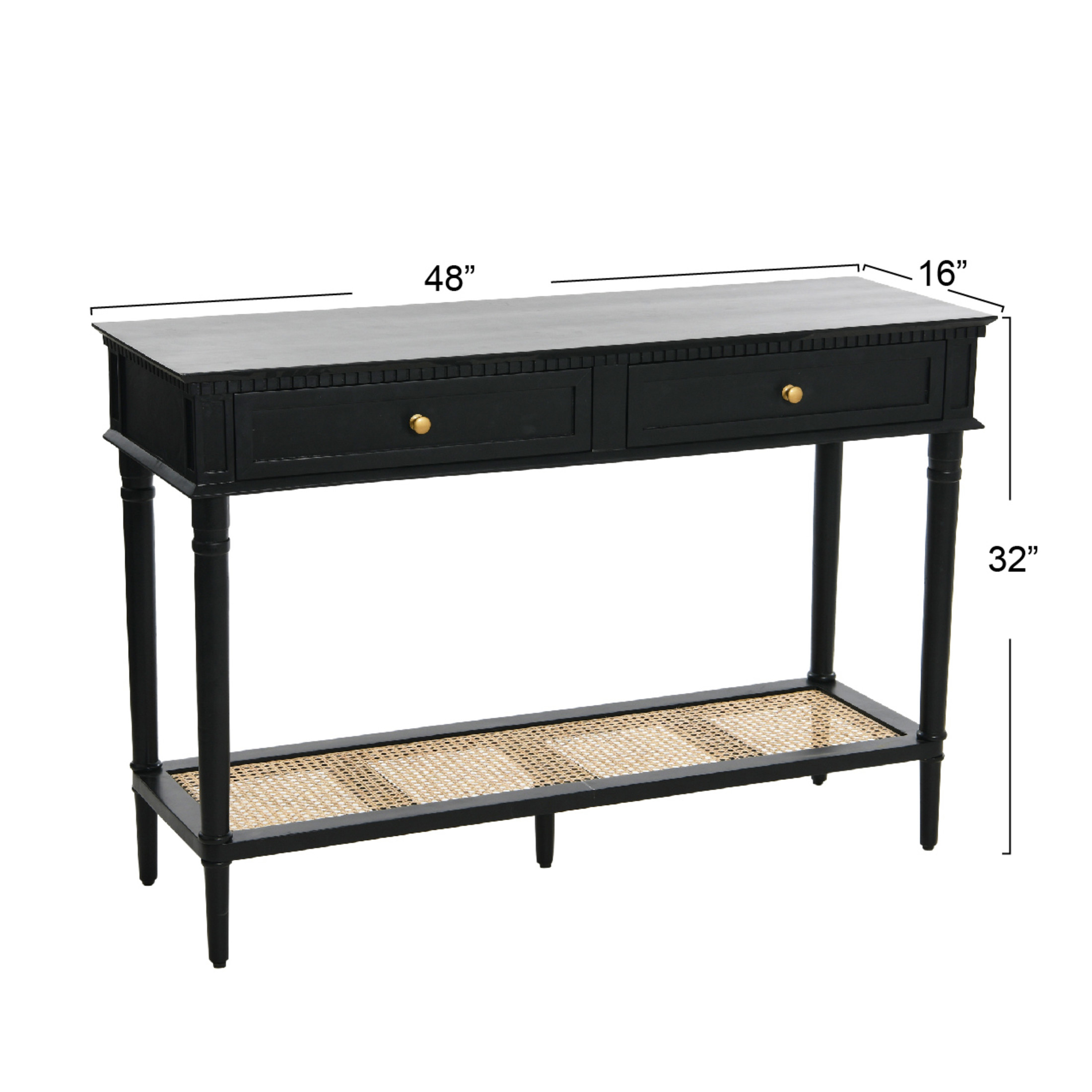 Creative Co-Op Maxwelton Solid Wood Console Table with 2 Drawers and Woven Cane Storage Shelf, Black and Natural