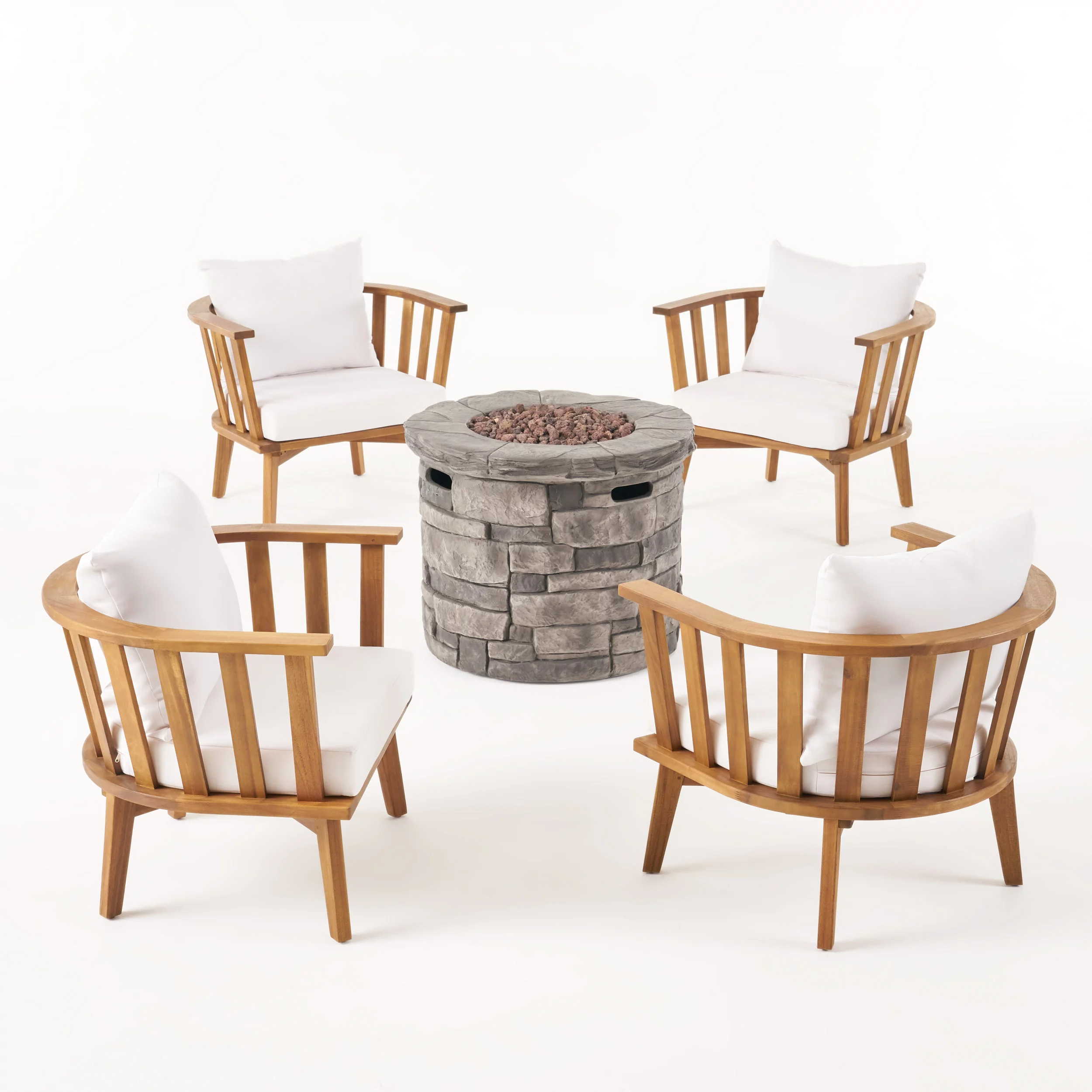 Darian Outdoor Acacia Wood 4 Seater Club Chairs and Fire Pit Set, Teak and Gray