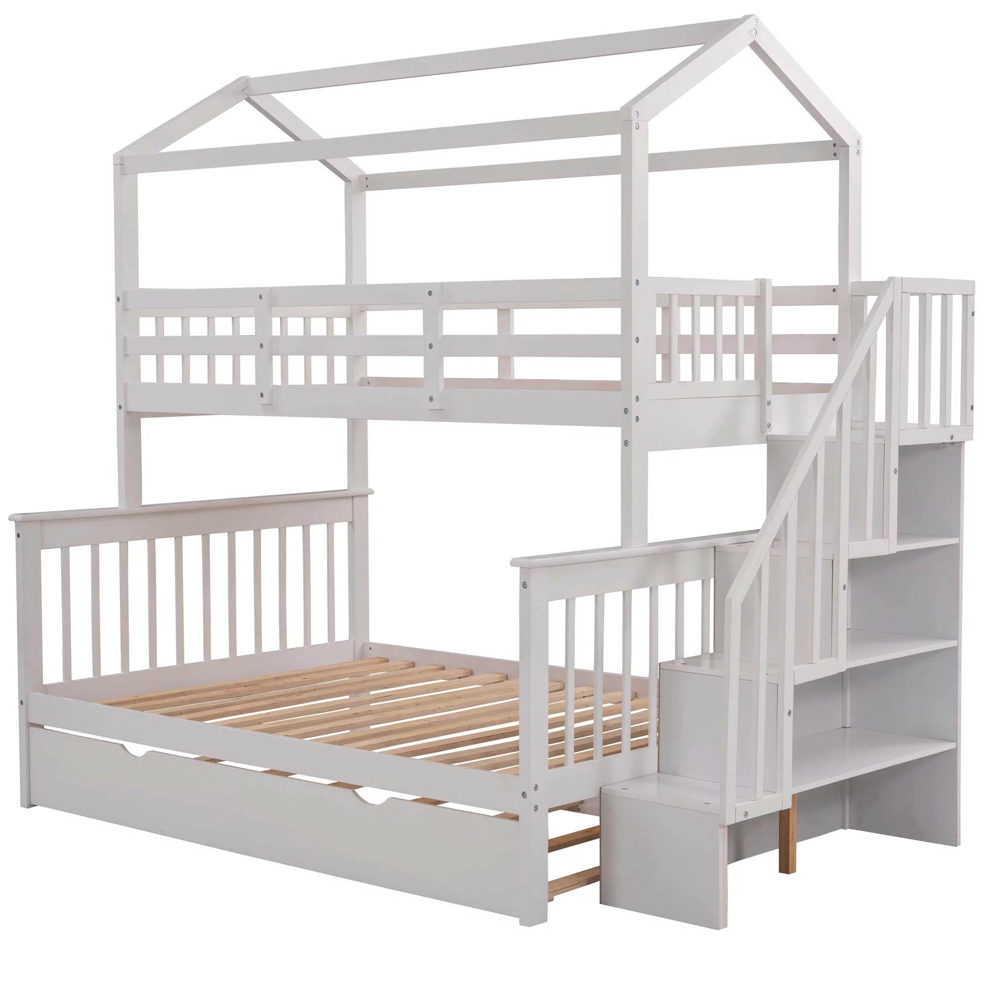 EUROCO Twin over Full House Bunk Bed with Trundle and Staircase, White