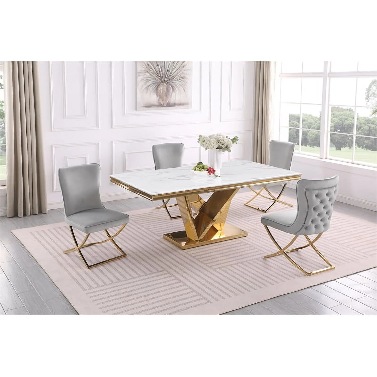 Pemberly Row Gold Faux Marble Pedestal Dining Table (Seats 6)