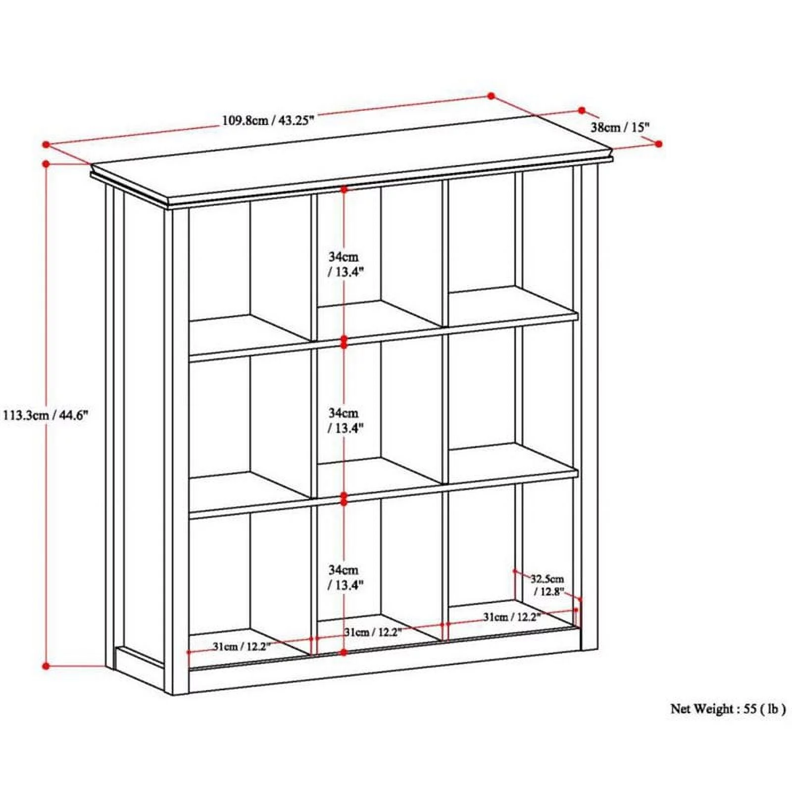 Pemberly Row Modern Wood 9 Cube Bookcase and Unit in Russet Brown