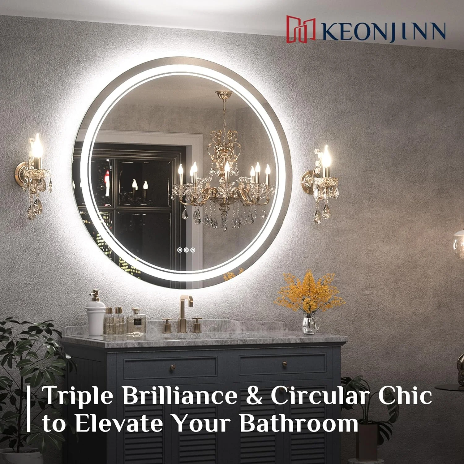 HYUN 28 Inch Round LED Mirror for Bathroom Frontlit & Backlit Stepless 3 Color Temperature, UL Listed LED Driver, Dimmable Anti-Fog Frameless Lighted Circular Wall Mounted Vanity Mirror CRI 90+