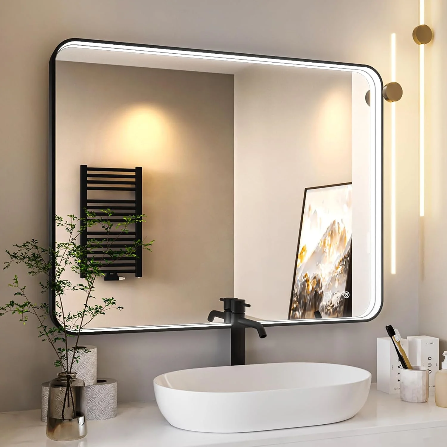 HYUN 28x36 Inch LED Bathroom Mirror with Lights, Black Metal Framed LED Mirror for Bathroom, 3 Colors and Stepless Dimmable Wall Mounted Lighted Bathroom Vanity Mirror, Anti-Fog, Memory