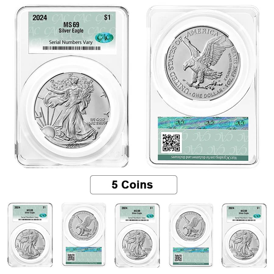 Lot of 5 - 2024 1 oz Silver American Eagle CAC MS 69