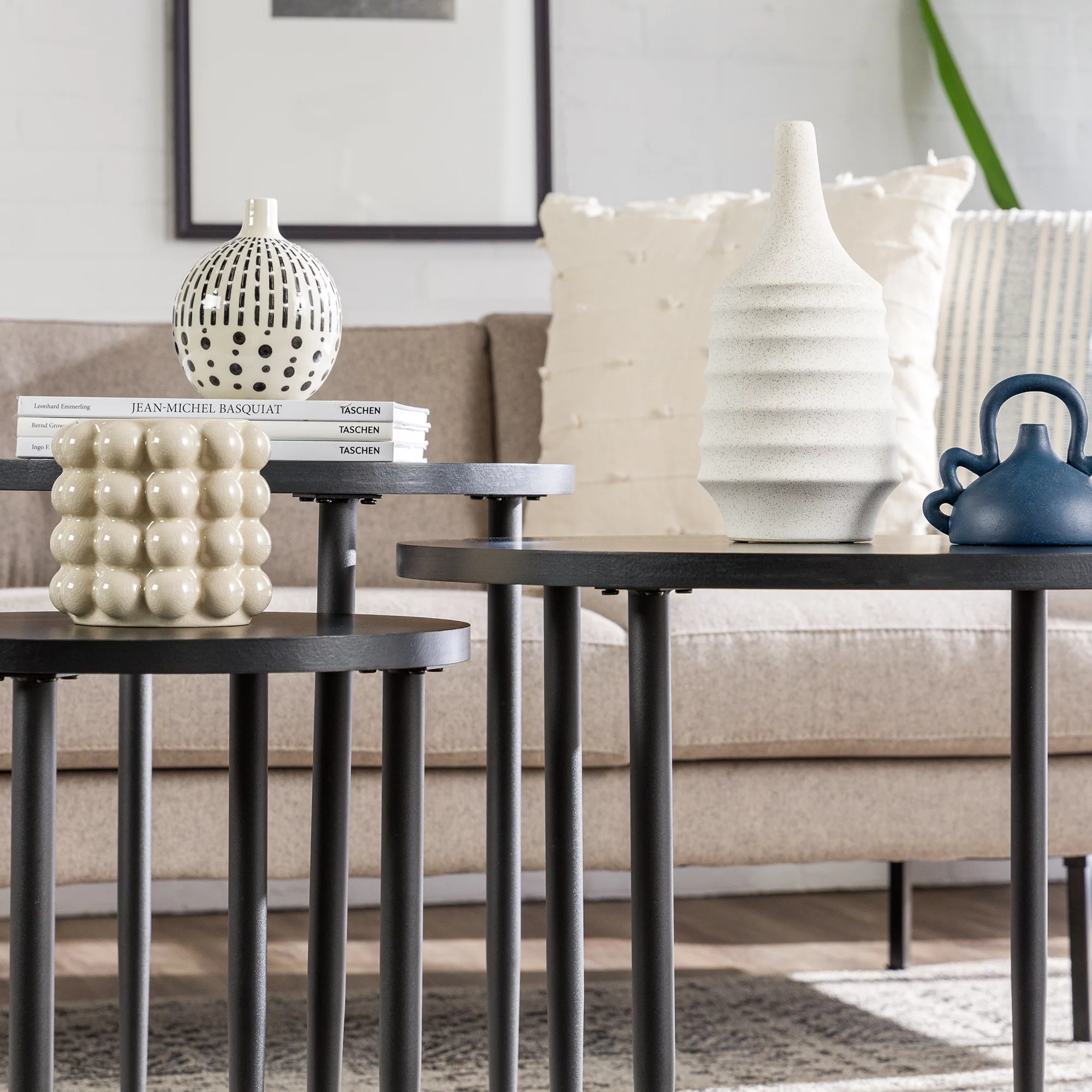 Walker Edison Modern Round Nesting Coffee Tables, Set of 3, Solid Black