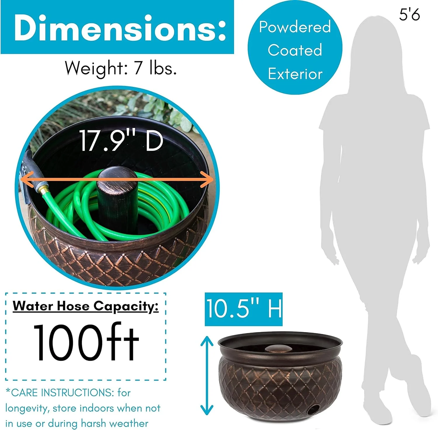 Water Hose Holder | Holds 100ft Hose | Drainage Hole | Ground Garden Hose Pot | Decorative | Embossed | Steel Metal with Copper Accents | Outdoor or Indoor Use