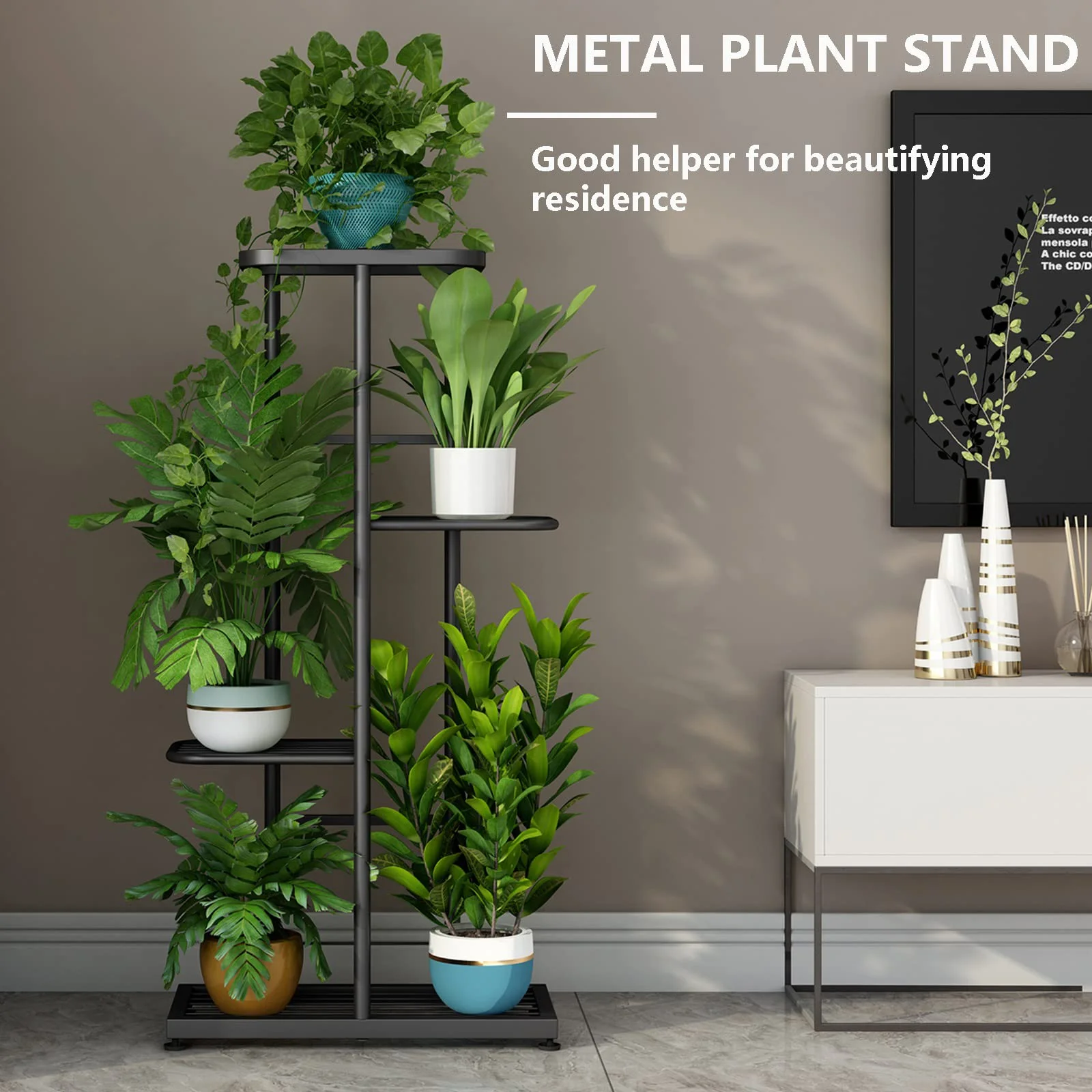 SUOERNUO 4 Tier 5 Potted Metal Plant Stand for Patio Garden Corner Balcony Living Room,Drak Grey