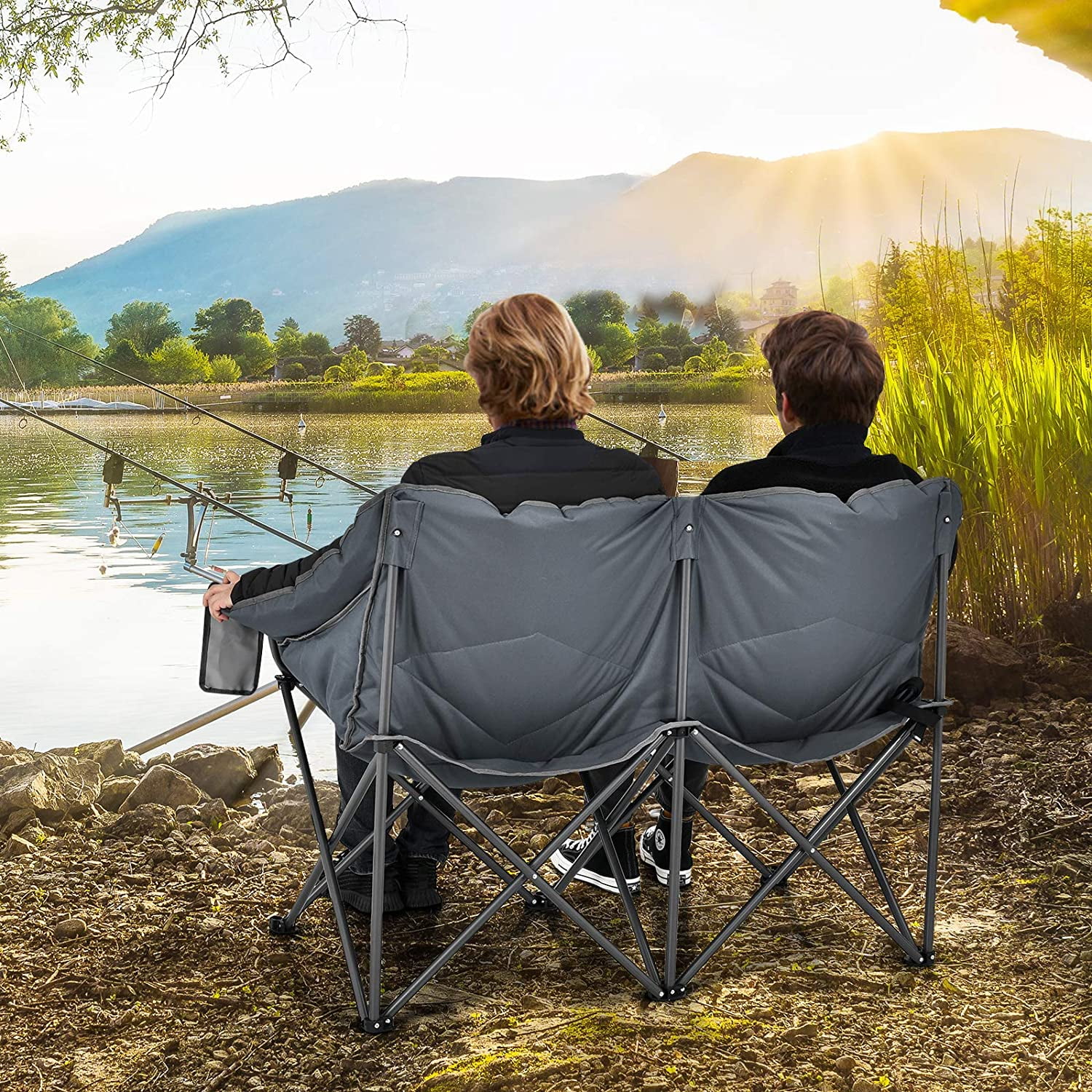 Loveseat Camping Chair, Double Folding Chair for Adults Couples w/Storage Bags & Padded High Backrest, Oversize Camp Seat for Fishing Picnic