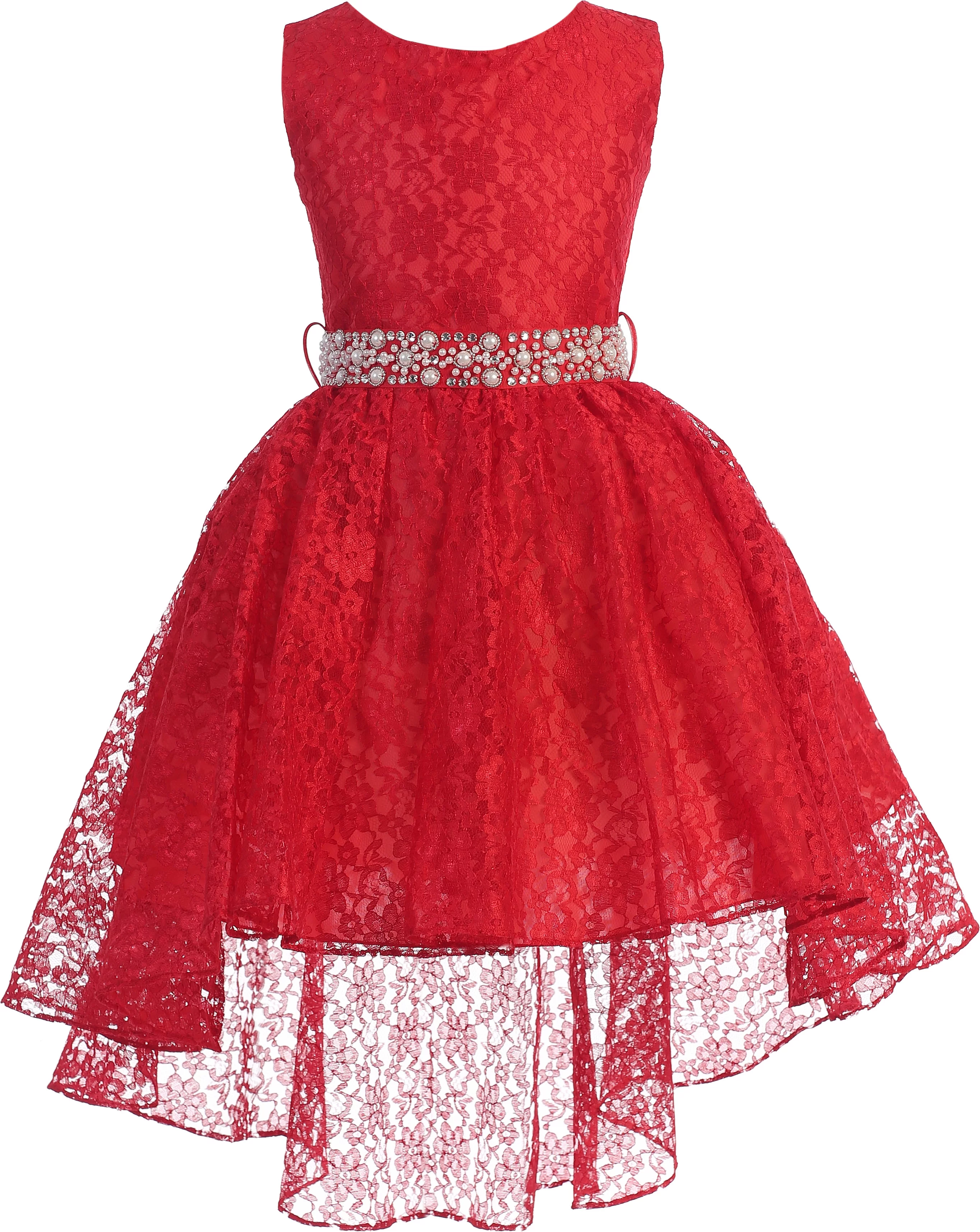 Big Girl High Low Floral Lace Rhinestones Pearl Belt Easter Pageant Flower Girl Dress Red 12 JK3744 BNY Corner